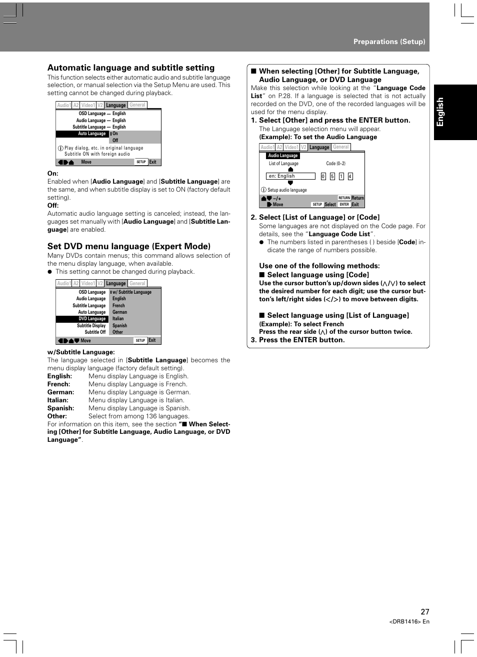 English, Automatic language and subtitle setting, Set dvd menu language (expert mode) | Pioneer DVJ-1000 User Manual | Page 29 / 107