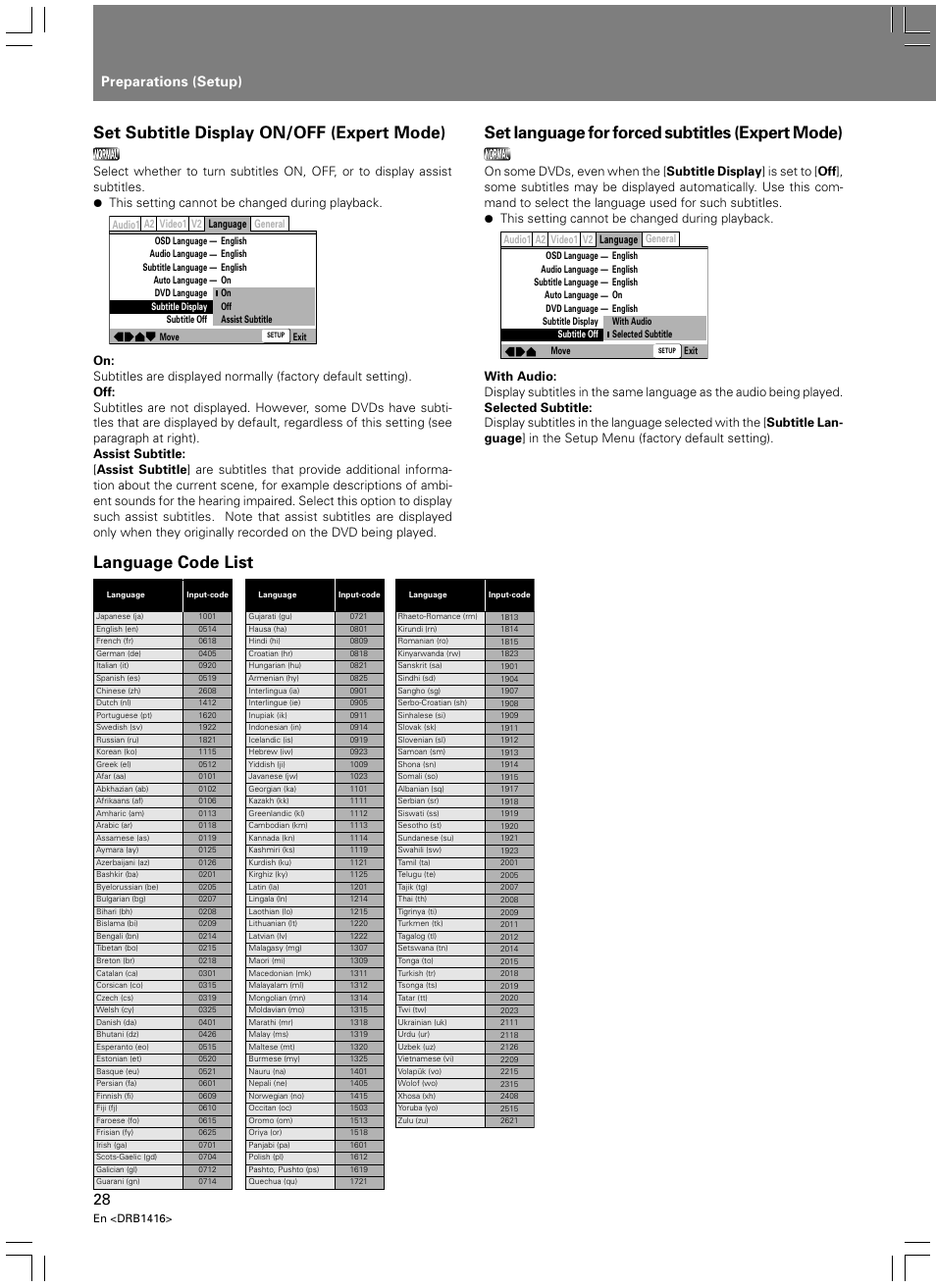 Set subtitle display on/off (expert mode), Set language for forced subtitles (expert mode), Language code list | Preparations (setup) | Pioneer DVJ-1000 User Manual | Page 30 / 107