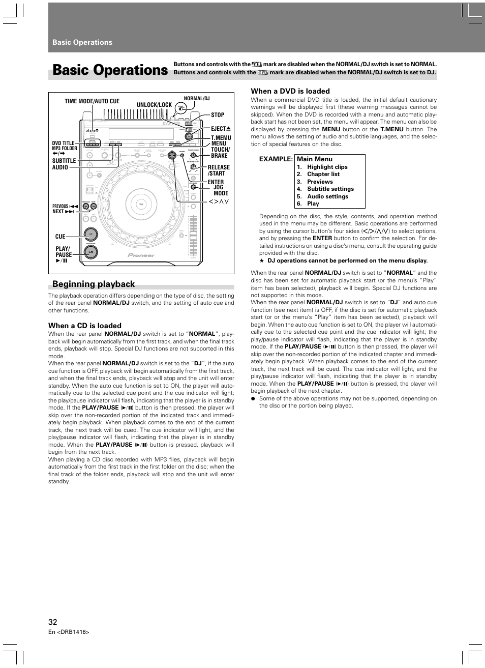 Basic operations, Beginning playback, When a cd is loaded | When a dvd is loaded, Light heavy, Example: main menu, En <drb1416, Enter t.memu menu | Pioneer DVJ-1000 User Manual | Page 34 / 107