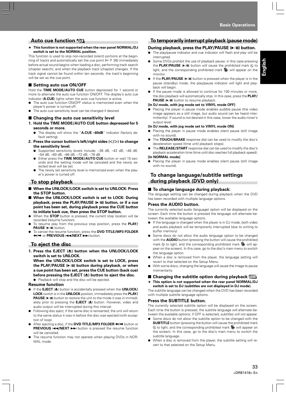 English, Auto cue function | Pioneer DVJ-1000 User Manual | Page 35 / 107