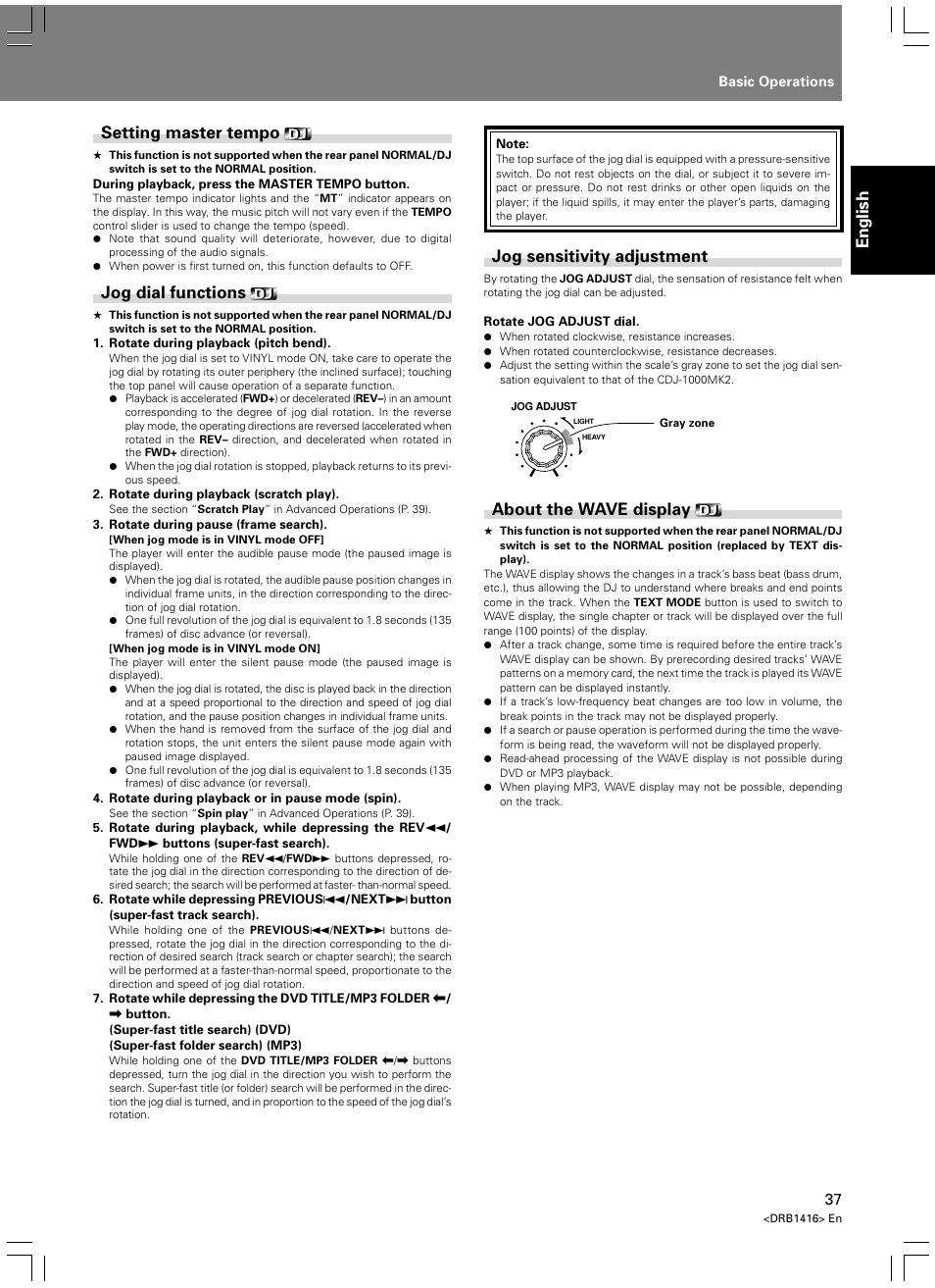 English, Setting master tempo, Jog dial functions | Jog sensitivity adjustment, About the wave display | Pioneer DVJ-1000 User Manual | Page 39 / 107