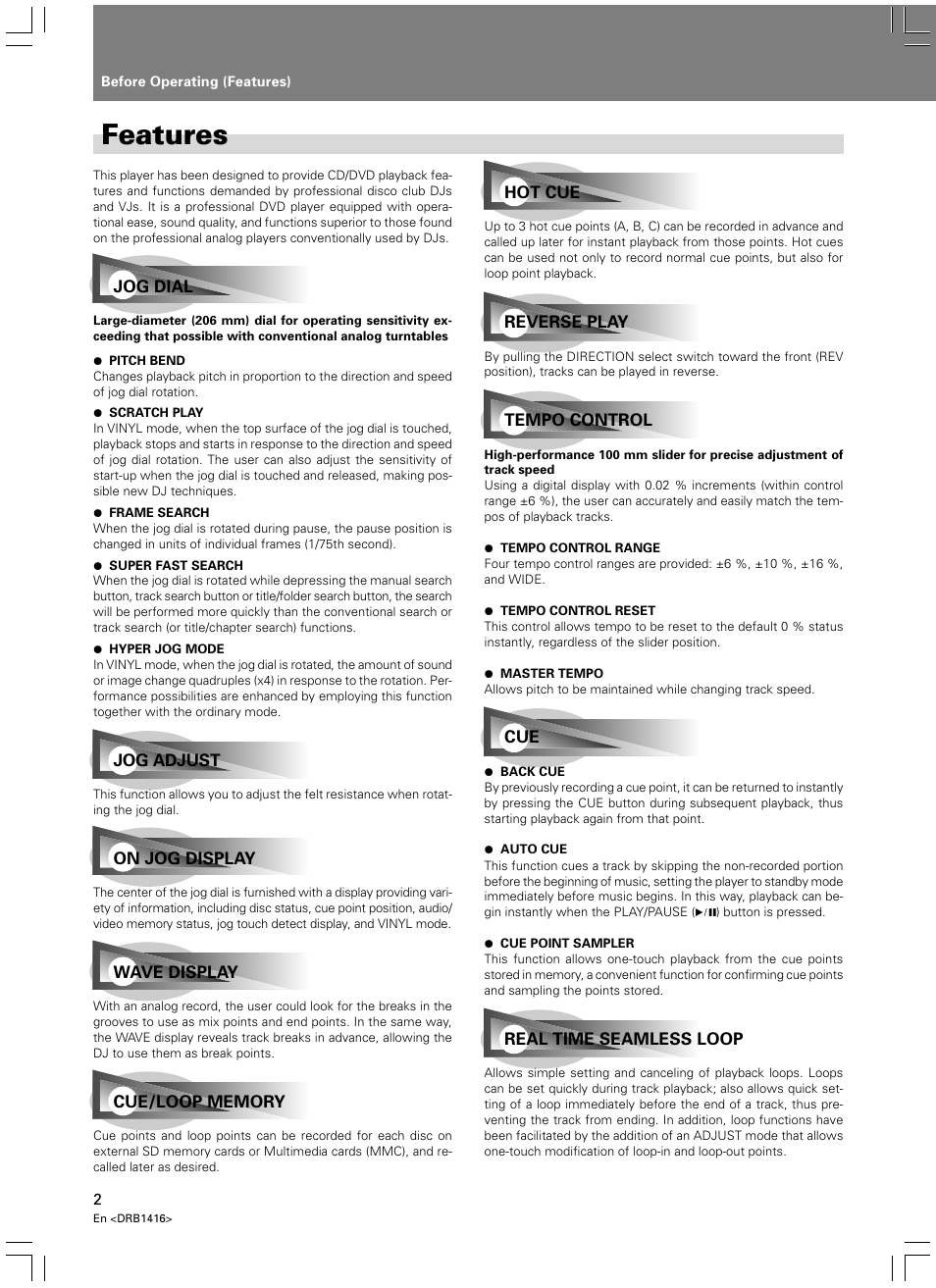 Before operating, Features | Pioneer DVJ-1000 User Manual | Page 4 / 107