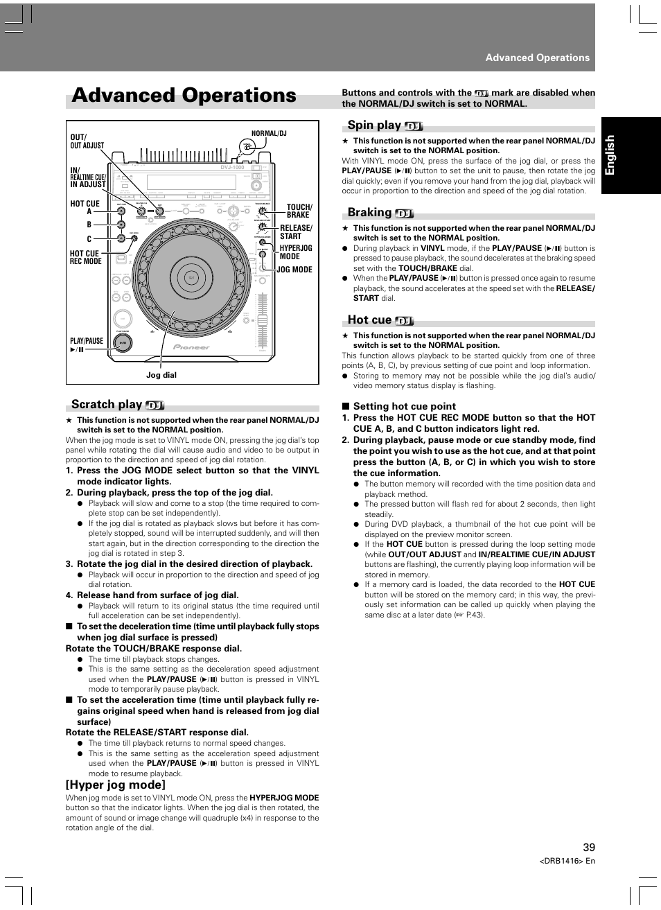 Advanced operations, English, Scratch play | Hyper jog mode, Spin play, Braking, Hot cue, Light heavy, Setting hot cue point, Release hand from surface of jog dial | Pioneer DVJ-1000 User Manual | Page 41 / 107