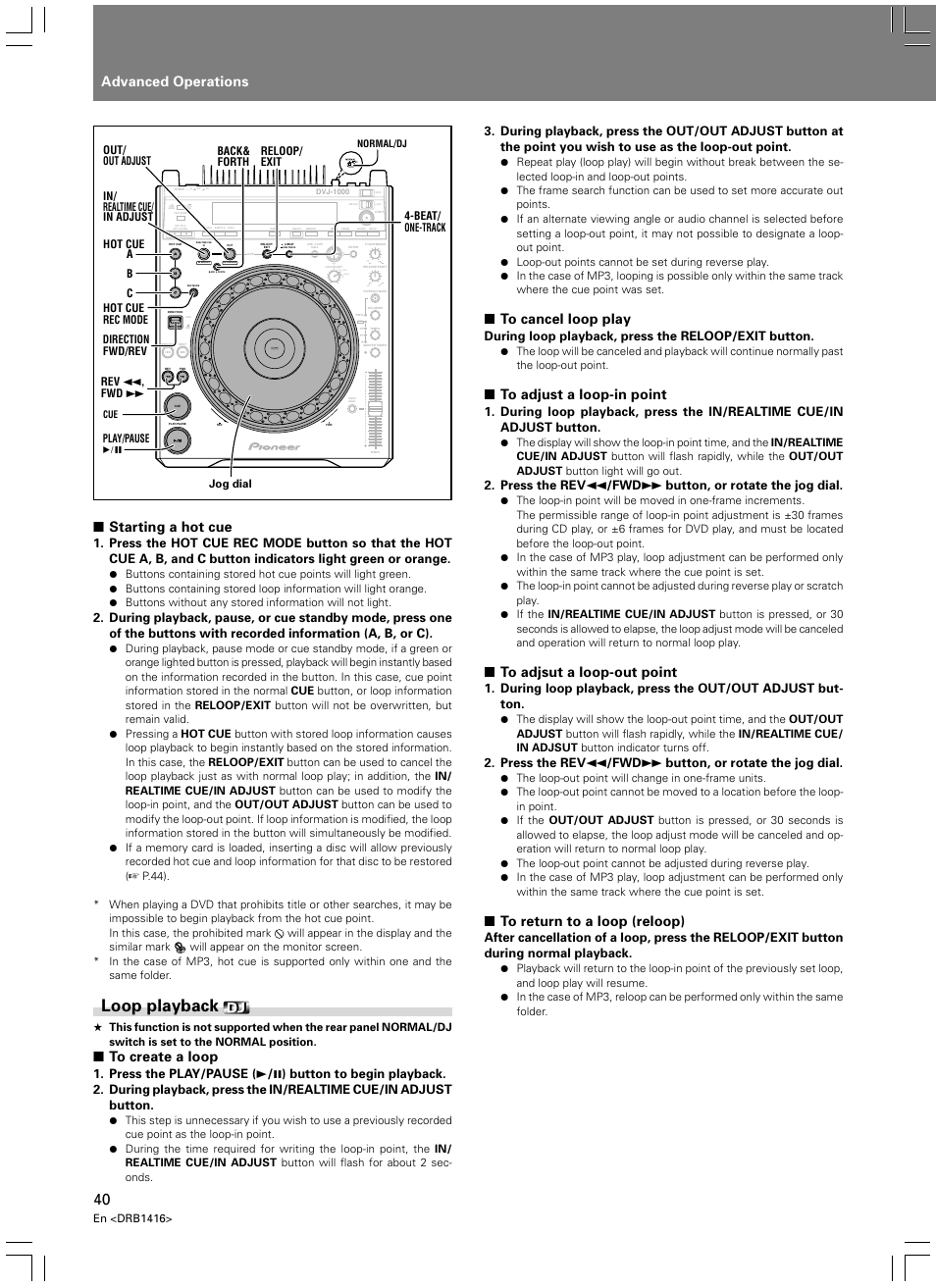 Loop playback, Advanced operations, Starting a hot cue | Light heavy, During loop playback, press the reloop/exit button | Pioneer DVJ-1000 User Manual | Page 42 / 107