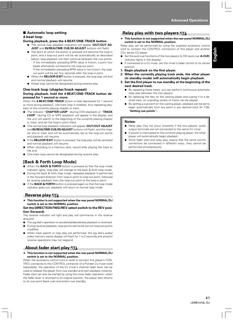 English, Relay play with two players, Back & forth loop mode | Reverse play, About fader start play | Pioneer DVJ-1000 User Manual | Page 43 / 107