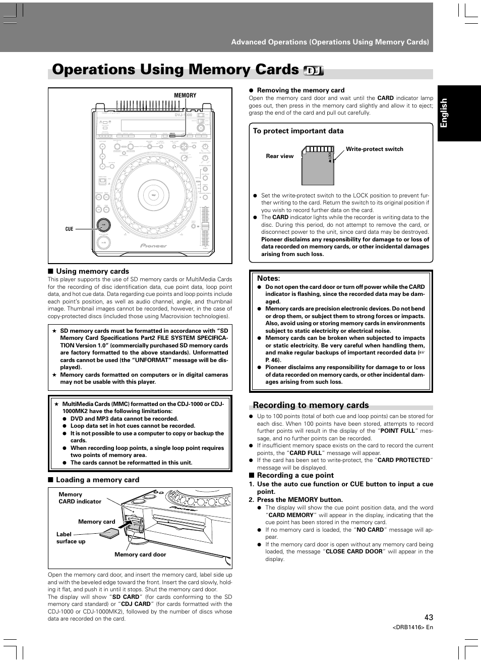 Operations using memory cards, Recording to memory cards, English | Light heavy, Recording a cue point, Drb1416> en | Pioneer DVJ-1000 User Manual | Page 45 / 107