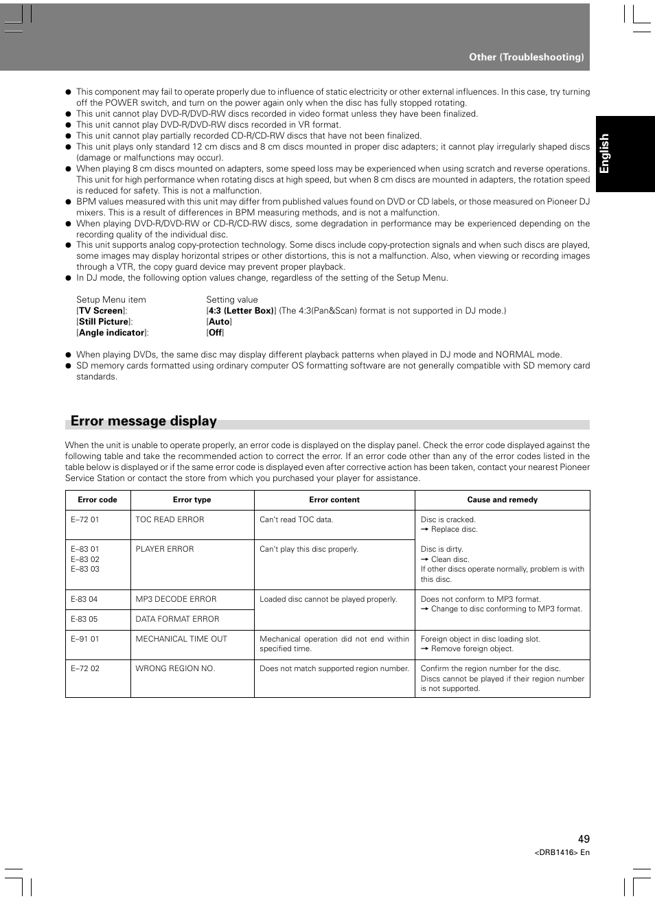 Error message display, English | Pioneer DVJ-1000 User Manual | Page 51 / 107