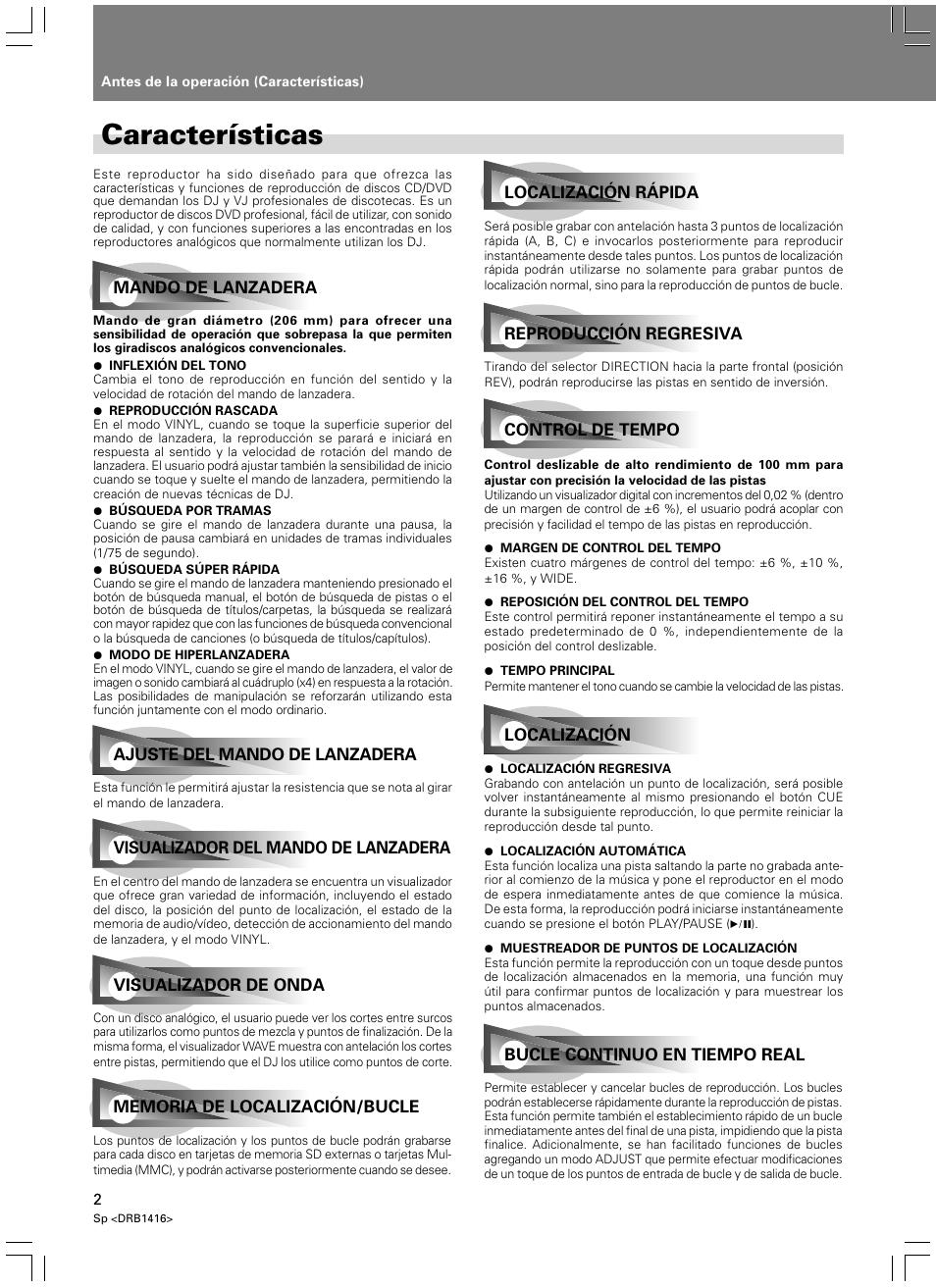 Antes de la operación, Características | Pioneer DVJ-1000 User Manual | Page 56 / 107