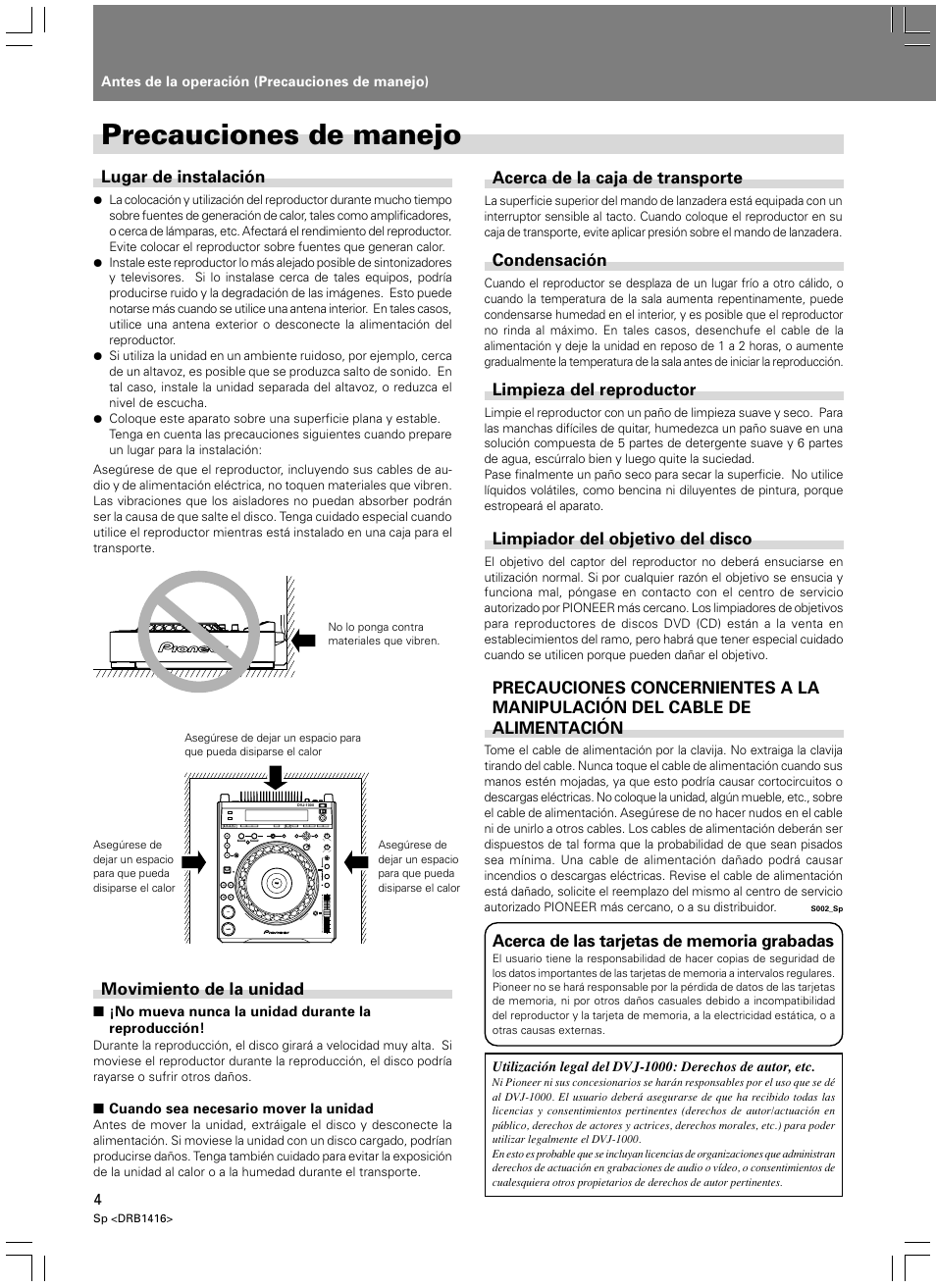 Precauciones de manejo | Pioneer DVJ-1000 User Manual | Page 58 / 107