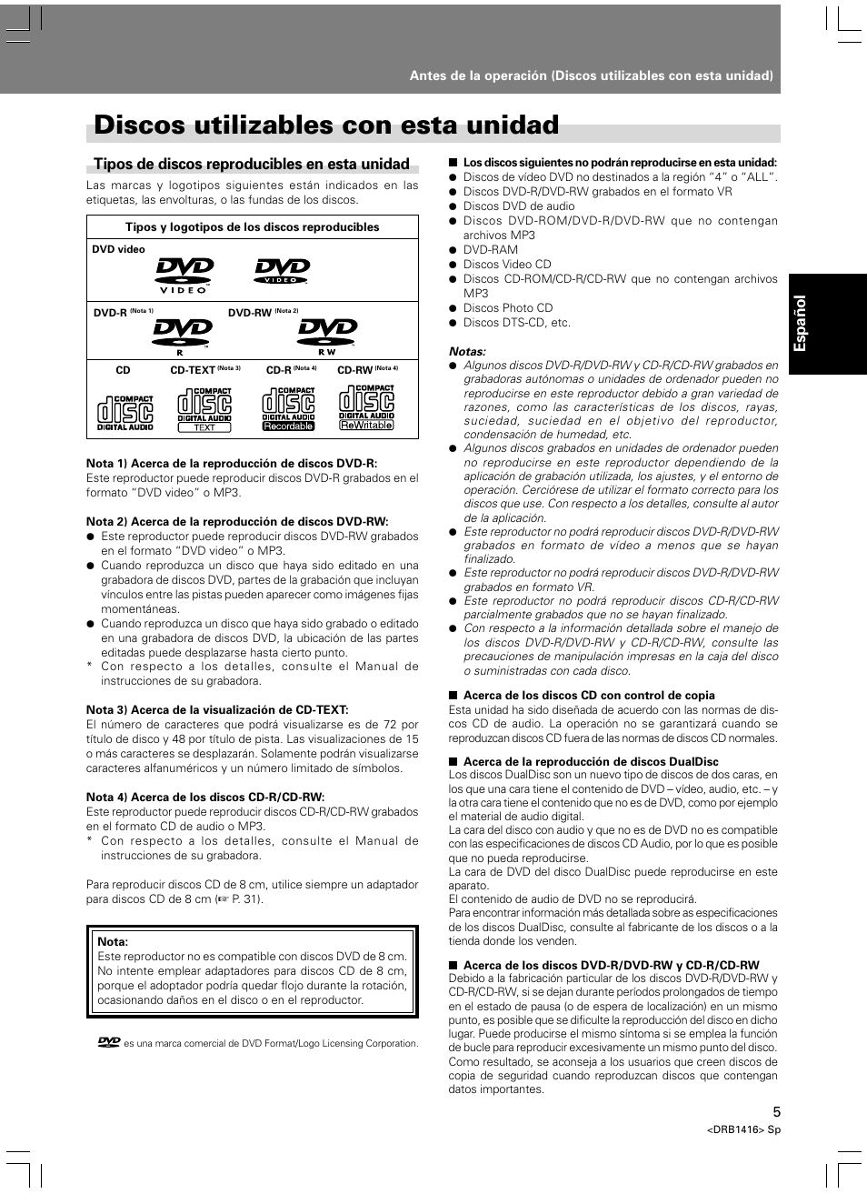 Discos utilizables con esta unidad, Espa ñ ol, Tipos de discos reproducibles en esta unidad | Pioneer DVJ-1000 User Manual | Page 59 / 107