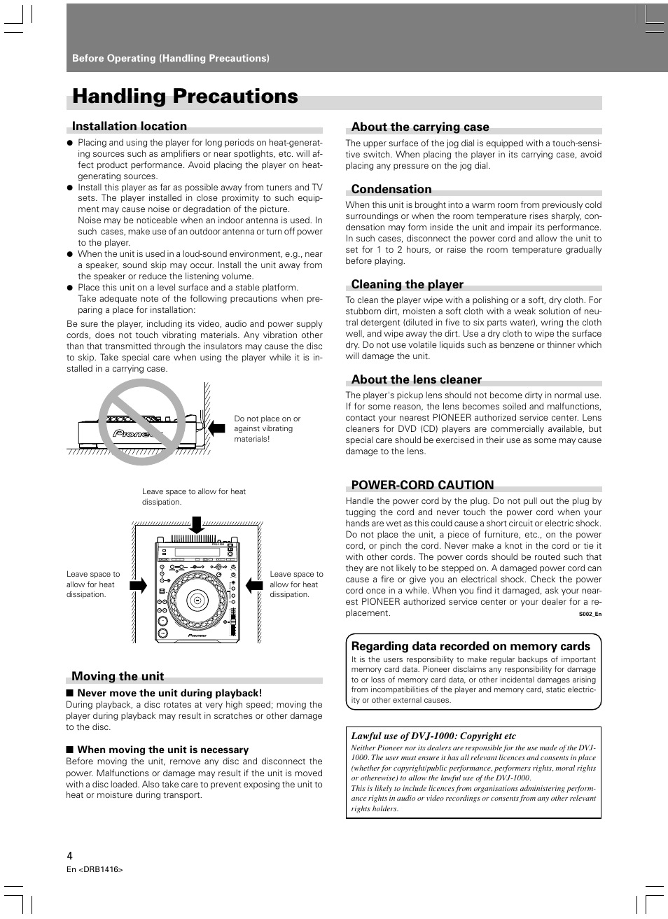 Handling precautions | Pioneer DVJ-1000 User Manual | Page 6 / 107