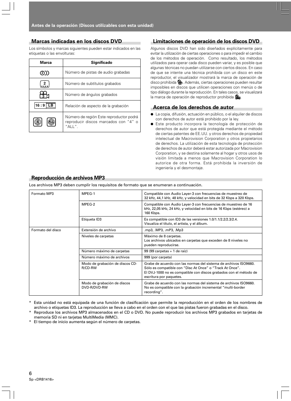 Limitaciones de operación de los discos dvd, Acerca de los derechos de autor, Reproducción de archivos mp3 | Marcas indicadas en los discos dvd | Pioneer DVJ-1000 User Manual | Page 60 / 107