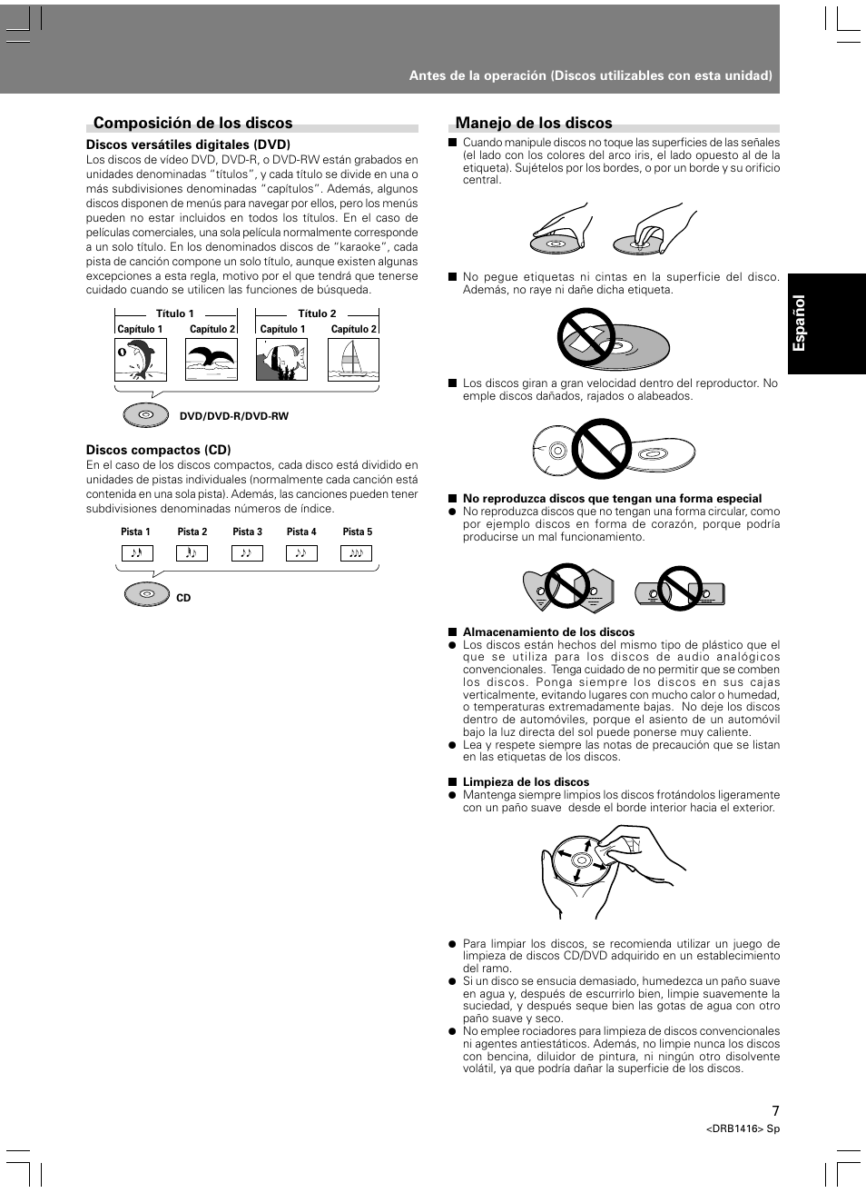 Espa ñ ol, Manejo de los discos, Composición de los discos | Pioneer DVJ-1000 User Manual | Page 61 / 107