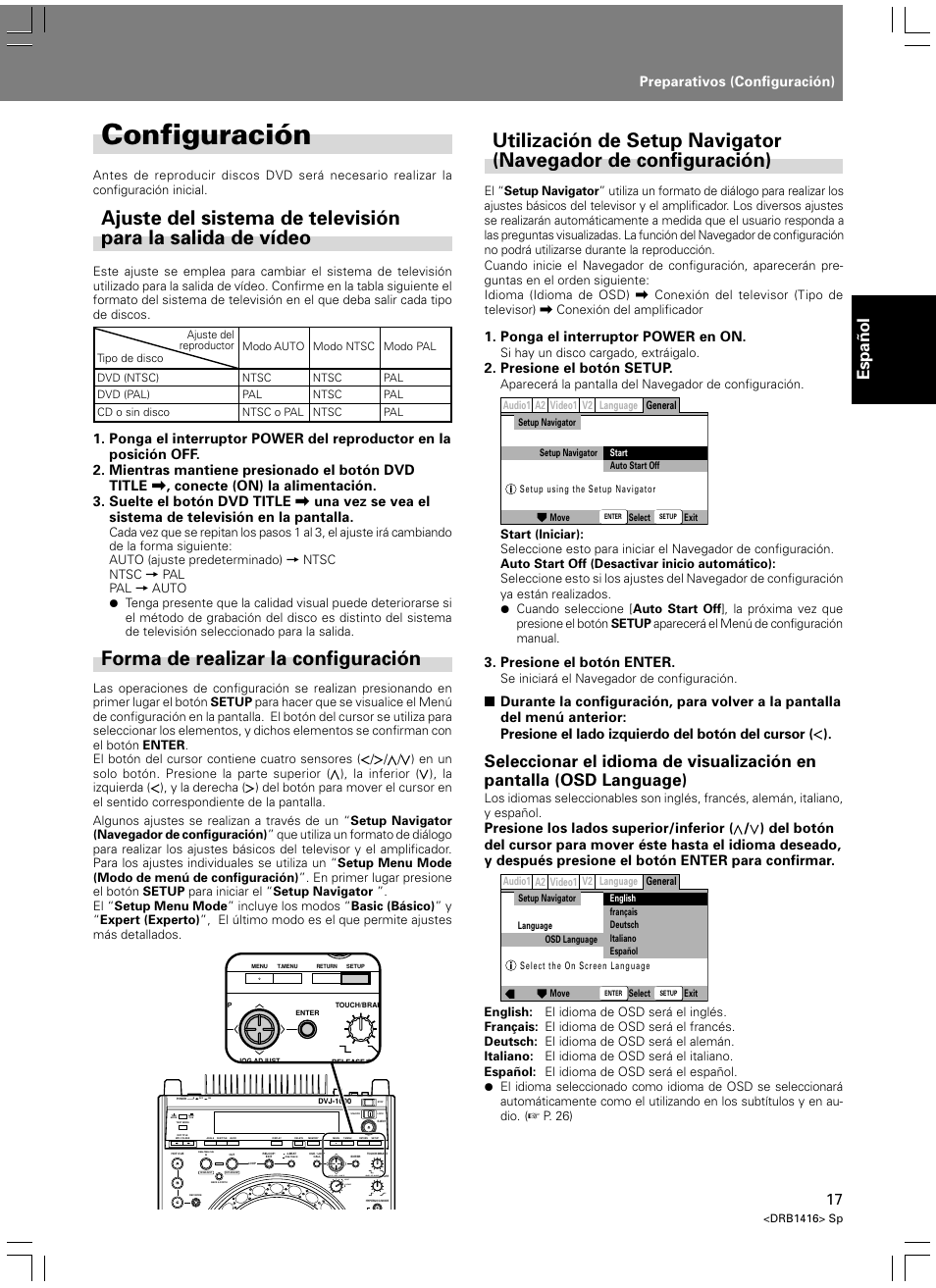 Preparativos, Configuración, Forma de realizar la configuración | Español, Preparativos (configuración), Ponga el interruptor power en on, Presione el botón setup, Presione el botón enter, Light heavy, Si hay un disco cargado, extráigalo | Pioneer DVJ-1000 User Manual | Page 71 / 107