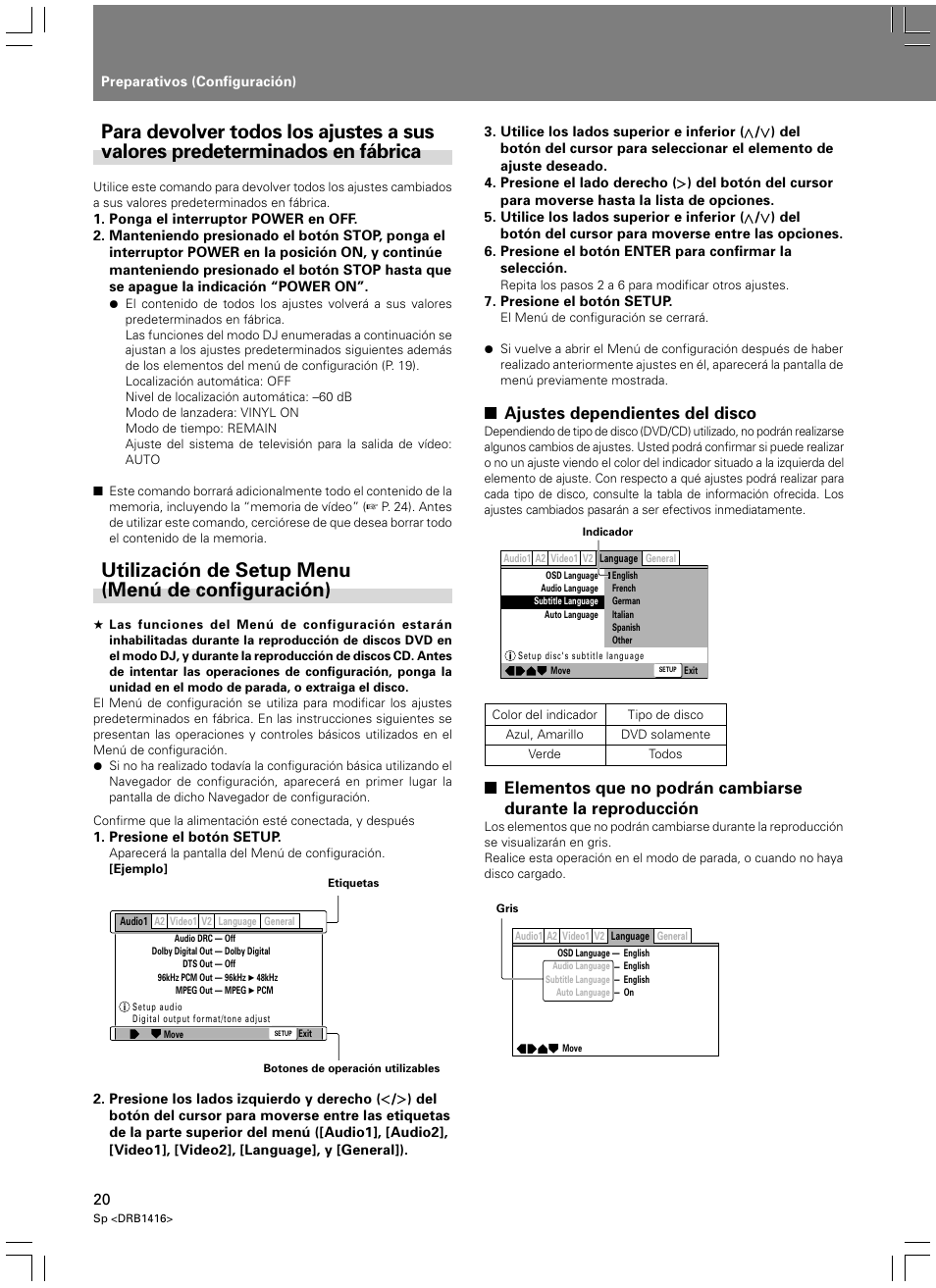 Utilización de setup menu (menú de configuración), Ajustes dependientes del disco | Pioneer DVJ-1000 User Manual | Page 74 / 107