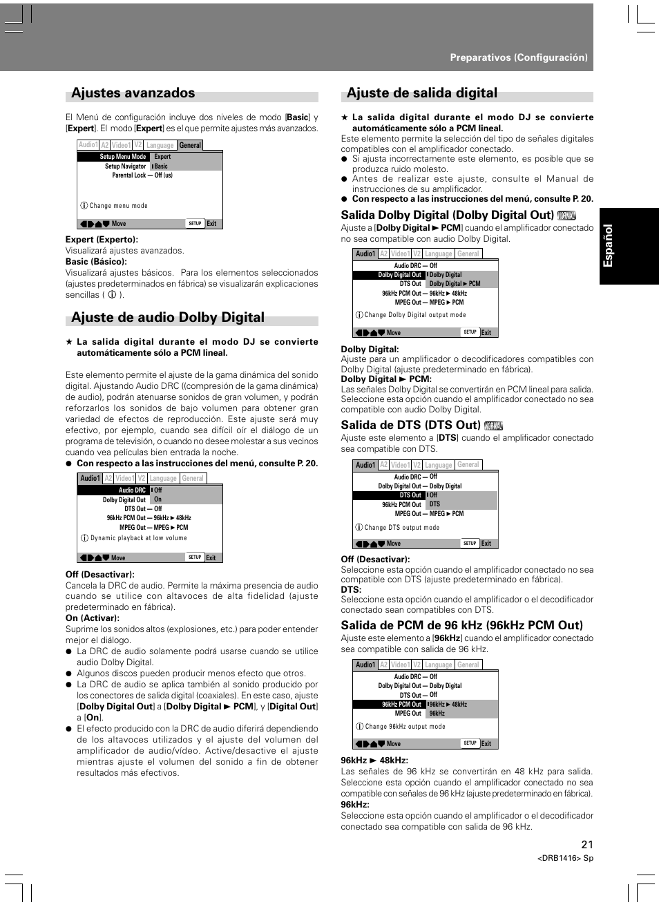 Ajustes avanzados, Ajuste de audio dolby digital, Ajuste de salida digital | Espa ñ ol, Salida dolby digital (dolby digital out), Salida de dts (dts out), Salida de pcm de 96 khz (96khz pcm out) | Pioneer DVJ-1000 User Manual | Page 75 / 107