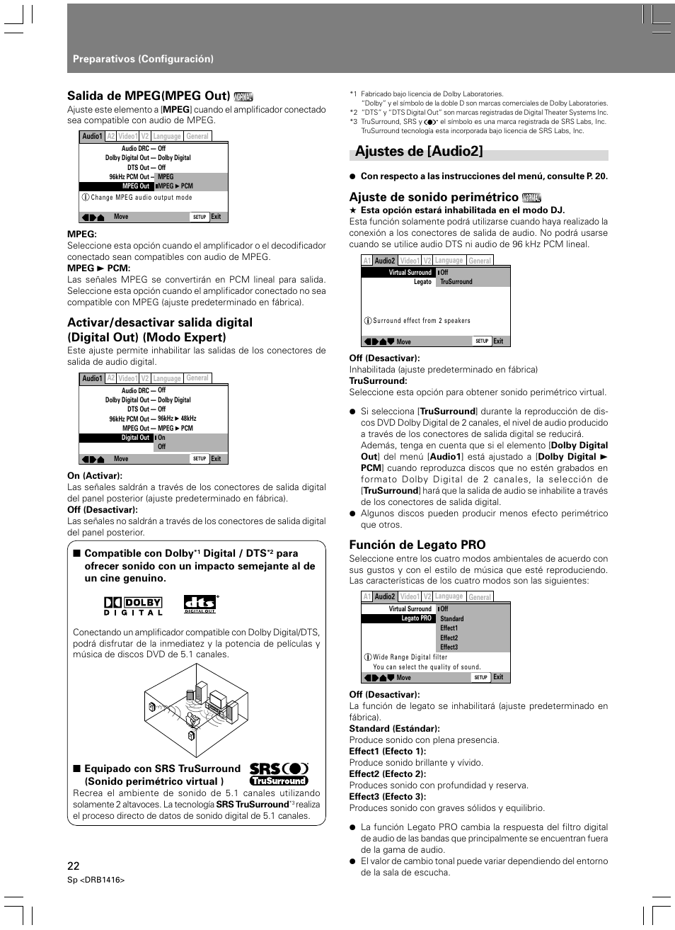 Ajustes de [audio2, Salida de mpeg(mpeg out), Ajuste de sonido perimétrico | Función de legato pro | Pioneer DVJ-1000 User Manual | Page 76 / 107