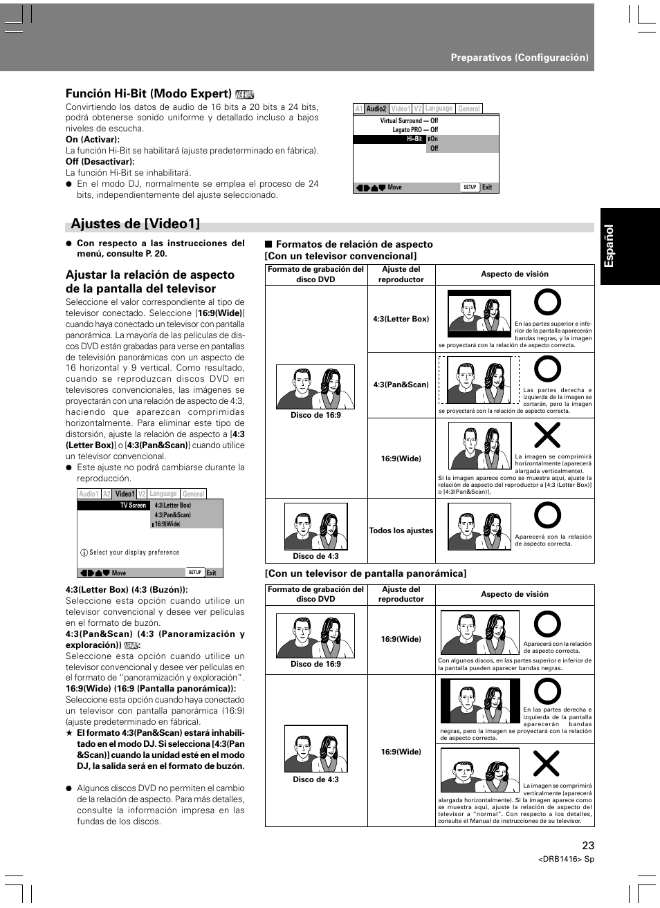 Ajustes de [video1, Espa ñ ol, Función hi-bit (modo expert) | Pioneer DVJ-1000 User Manual | Page 77 / 107
