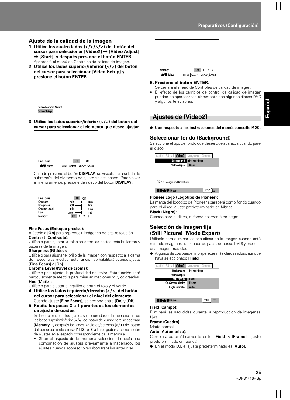 Ajustes de [video2, Español ajuste de la calidad de la imagen, Seleccionar fondo (background) | Pioneer DVJ-1000 User Manual | Page 79 / 107