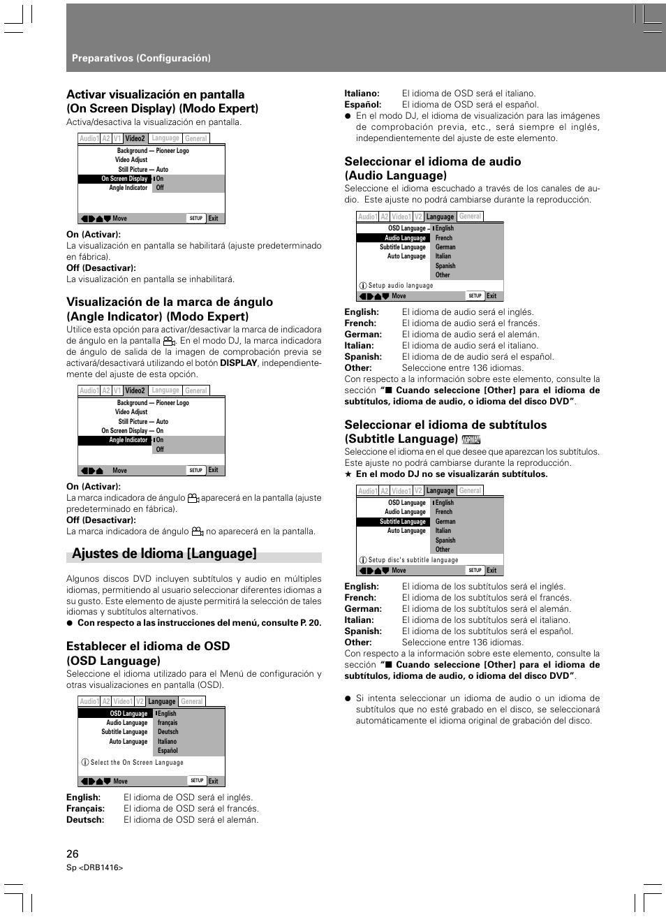 Ajustes de idioma [language, Seleccionar el idioma de audio (audio language), Establecer el idioma de osd (osd language) | Pioneer DVJ-1000 User Manual | Page 80 / 107