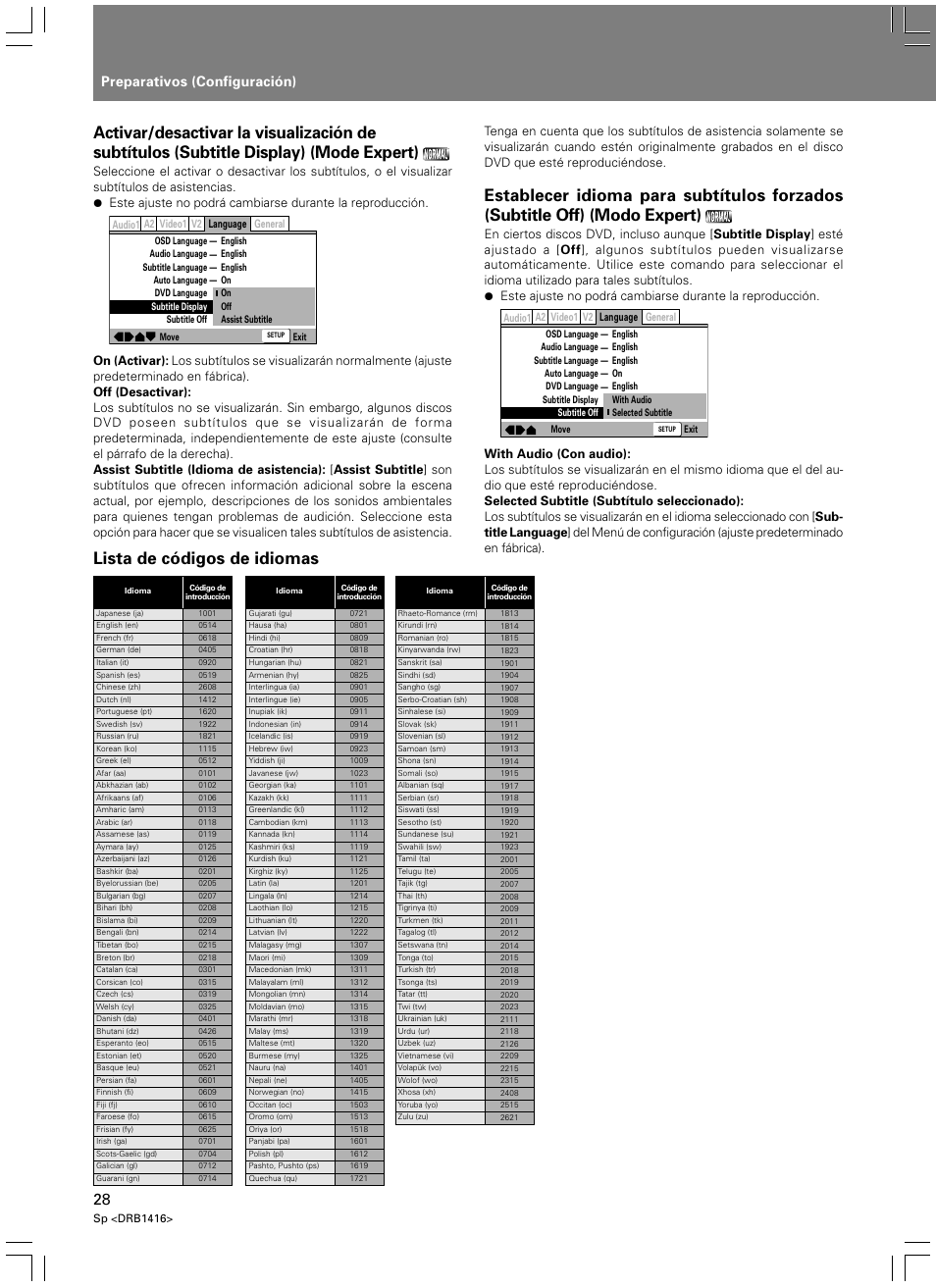 Lista de códigos de idiomas, Preparativos (configuración) | Pioneer DVJ-1000 User Manual | Page 82 / 107