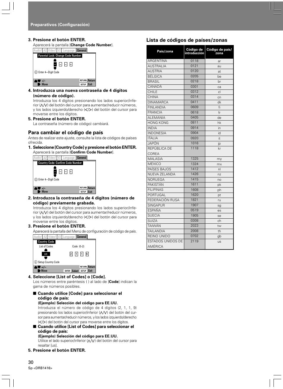 Para cambiar el código de país, Lista de códigos de países/zonas | Pioneer DVJ-1000 User Manual | Page 84 / 107