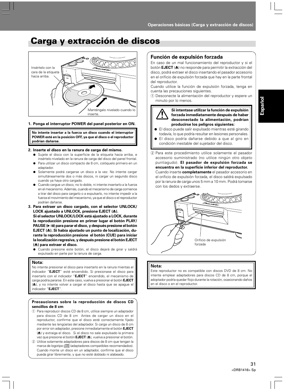 Operaciones básicas, Carga y extracción de discos, Español | Función de expulsión forzada | Pioneer DVJ-1000 User Manual | Page 85 / 107