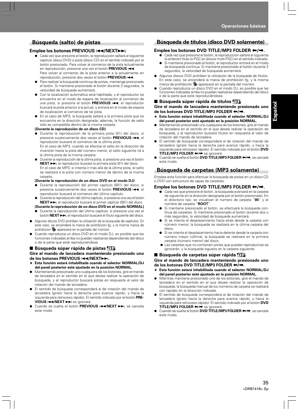 Espa ñ ol búsqueda (salto) de pistas, Búsqueda de títulos (disco dvd solamente), Búsqueda de carpetas (mp3 solamente) | Pioneer DVJ-1000 User Manual | Page 89 / 107