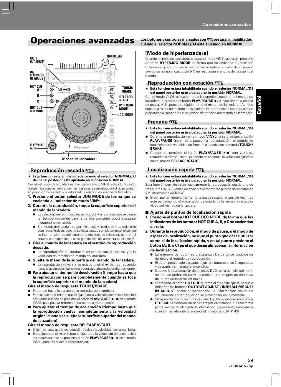 Operaciones avanzadas, Español, Reproducción rascada | Modo de hiperlanzadera, Reproducción con rotación, Frenado, Localización rápida, Ajuste de puntos de localización rápida, Light heavy | Pioneer DVJ-1000 User Manual | Page 93 / 107