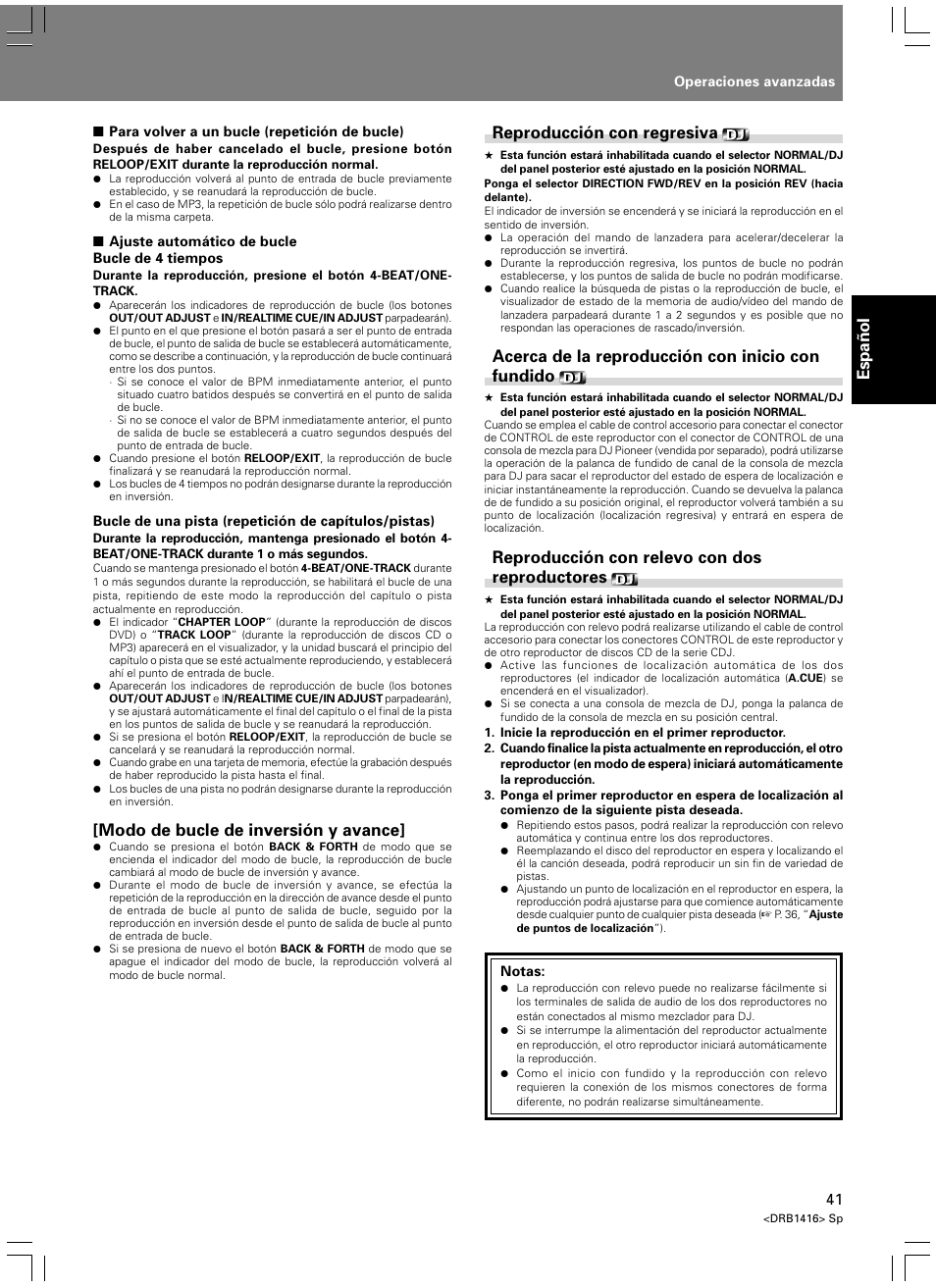 Espa ñ ol, Modo de bucle de inversión y avance, Reproducción con regresiva | Acerca de la reproducción con inicio con fundido, Reproducción con relevo con dos reproductores | Pioneer DVJ-1000 User Manual | Page 95 / 107