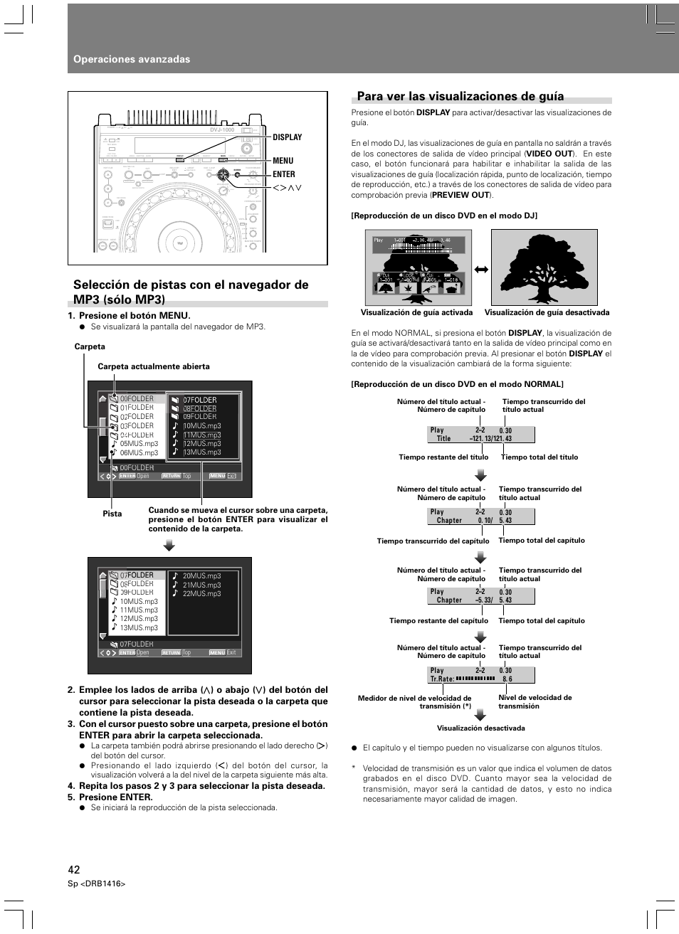 Para ver las visualizaciones de guía, Operaciones avanzadas, Light heavy | Presione el botón menu, Sp <drb1416, Se visualizará la pantalla del navegador de mp3, Enter menu display, Carpeta actualmente abierta carpeta pista | Pioneer DVJ-1000 User Manual | Page 96 / 107