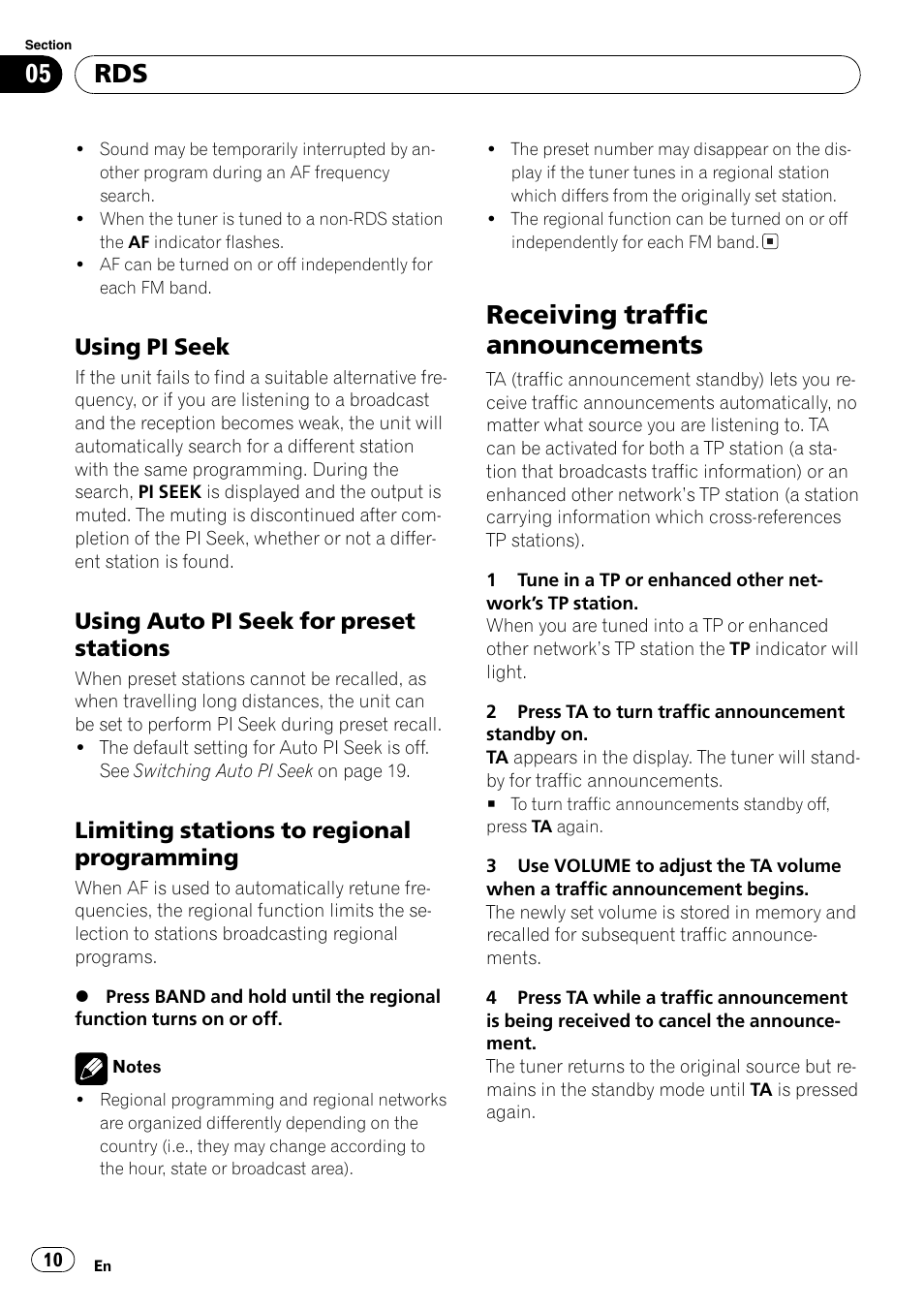 Using pi seek 10, Using auto pi seek for preset, Stations 10 | Limiting stations to regional, Programming 10, Receiving traffic announcements 10, Receiving traffic announcements, Using pi seek, Using auto pi seek for preset stations, Limiting stations to regional programming | Pioneer DEH-3730MP User Manual | Page 10 / 84