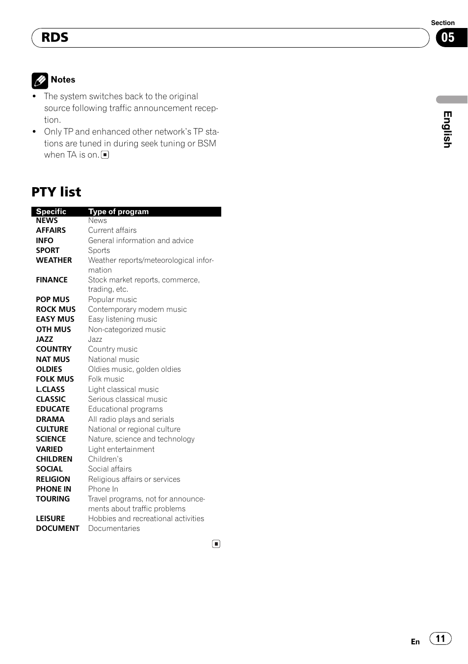 Pty list 11, Pty list, English | Pioneer DEH-3730MP User Manual | Page 11 / 84