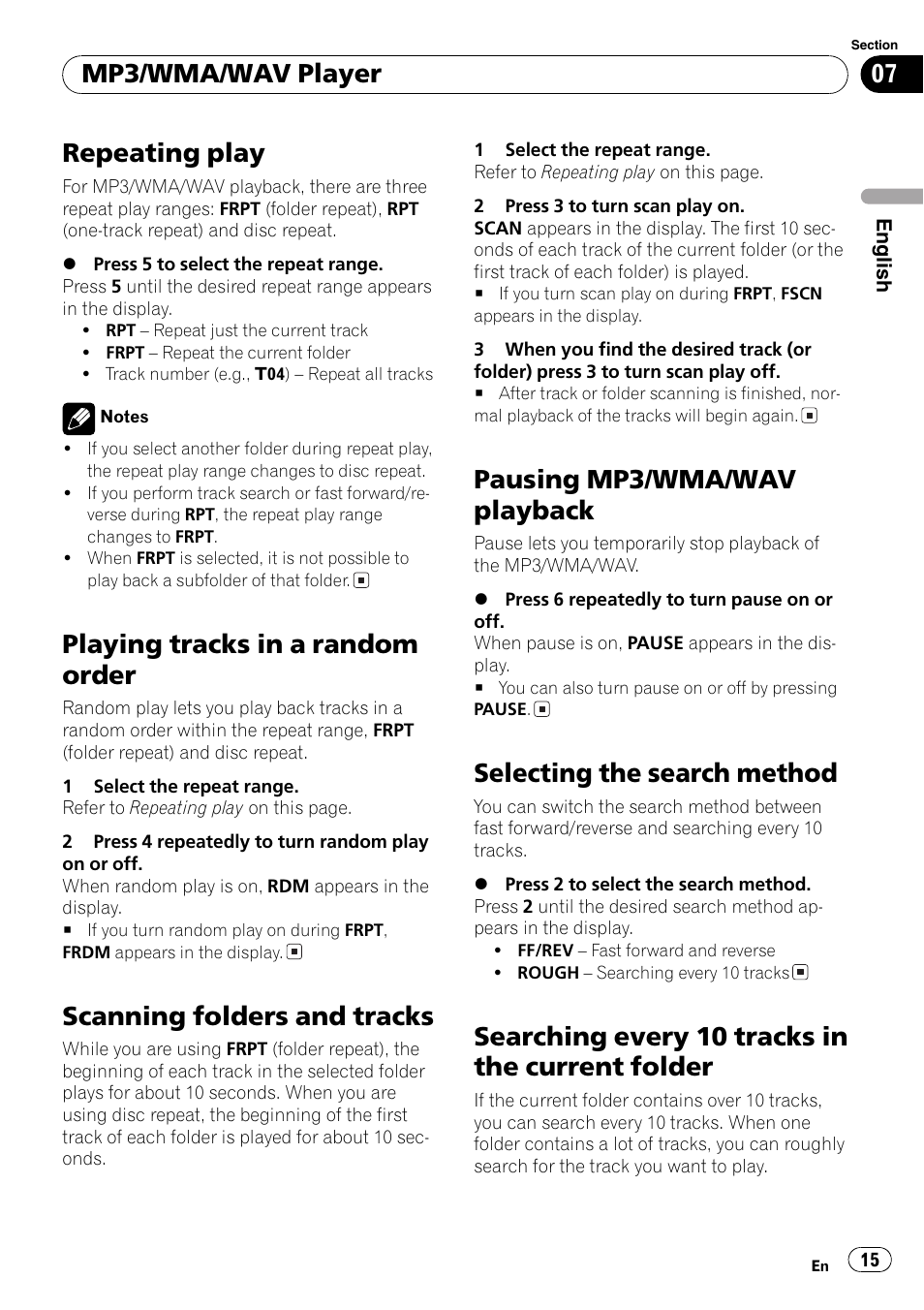 Repeating play 15, Playing tracks in a random order 15, Scanning folders and tracks 15 | Pausing mp3/wma/wav playback 15, Selecting the search method 15, Searching every 10 tracks in the current, Folder 15, Repeating play, Playing tracks in a random order, Scanning folders and tracks | Pioneer DEH-3730MP User Manual | Page 15 / 84