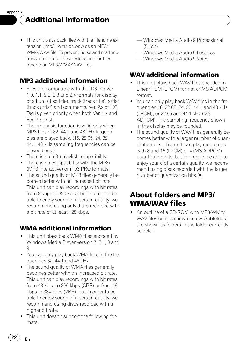 Mp3 additional information 22, Wma additional information 22, Wav additional information 22 | About folders and mp3/wma/wav files 22, About folders and mp3/ wma/wav files, Additional information, Mp3 additional information, Wma additional information, Wav additional information | Pioneer DEH-3730MP User Manual | Page 22 / 84