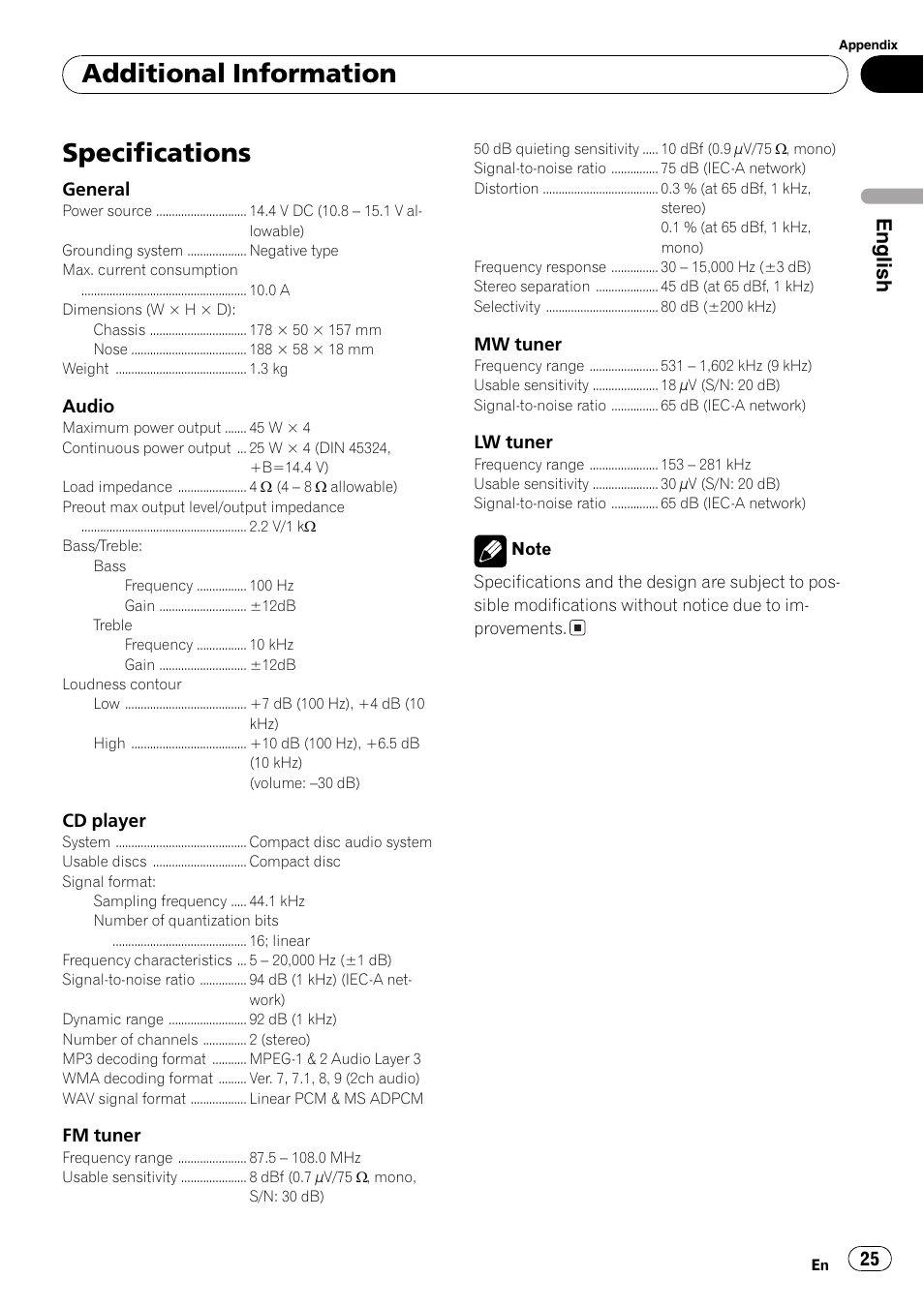 Specifications 25, Specifications, Additional information | English | Pioneer DEH-3730MP User Manual | Page 25 / 84