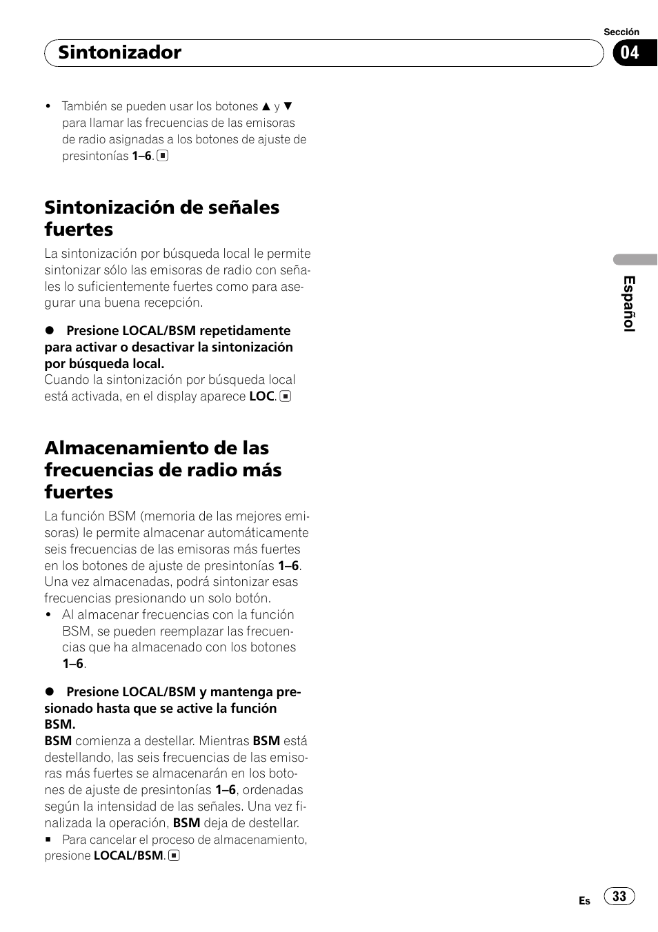 Sintonización de señales fuertes 33, Almacenamiento de las frecuencias de radio, Más fuertes 33 | Sintonización de señales fuertes, Sintonizador | Pioneer DEH-3730MP User Manual | Page 33 / 84