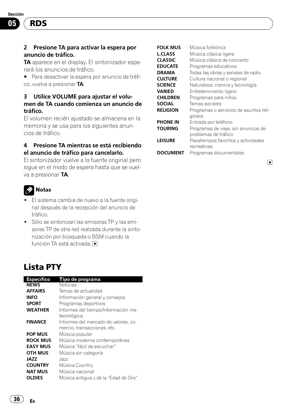 Lista pty 36, Lista pty | Pioneer DEH-3730MP User Manual | Page 36 / 84