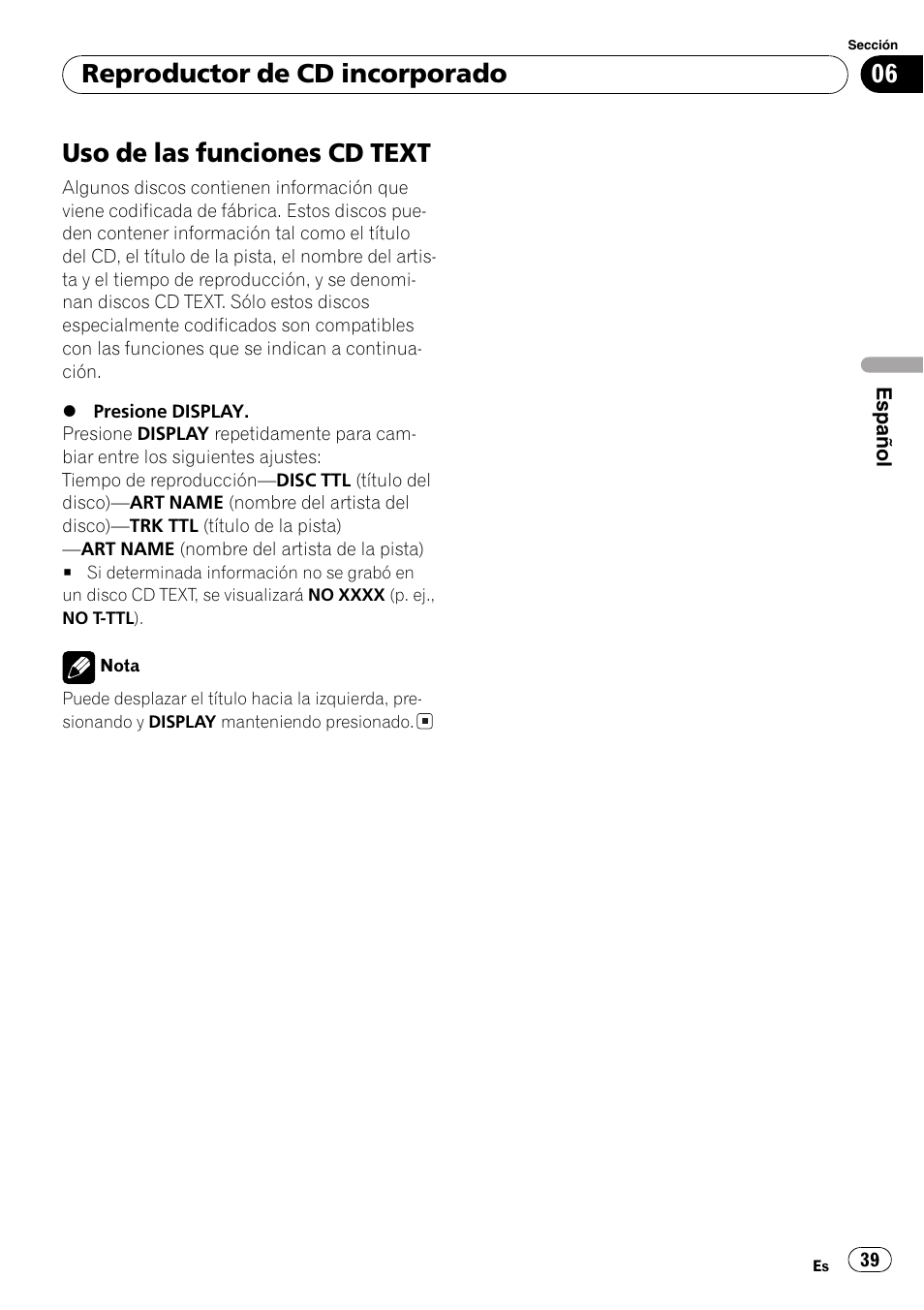 Uso de las funciones cd text 39, Uso de las funciones cd text, Reproductor de cd incorporado | Pioneer DEH-3730MP User Manual | Page 39 / 84