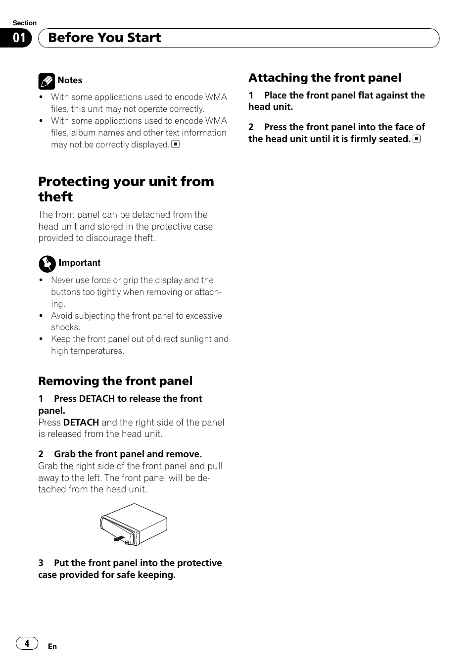 Protecting your unit from theft 4, Removing the front panel 4, Attaching the front panel 4 | Protecting your unit from theft, Before you start, Removing the front panel, Attaching the front panel | Pioneer DEH-3730MP User Manual | Page 4 / 84