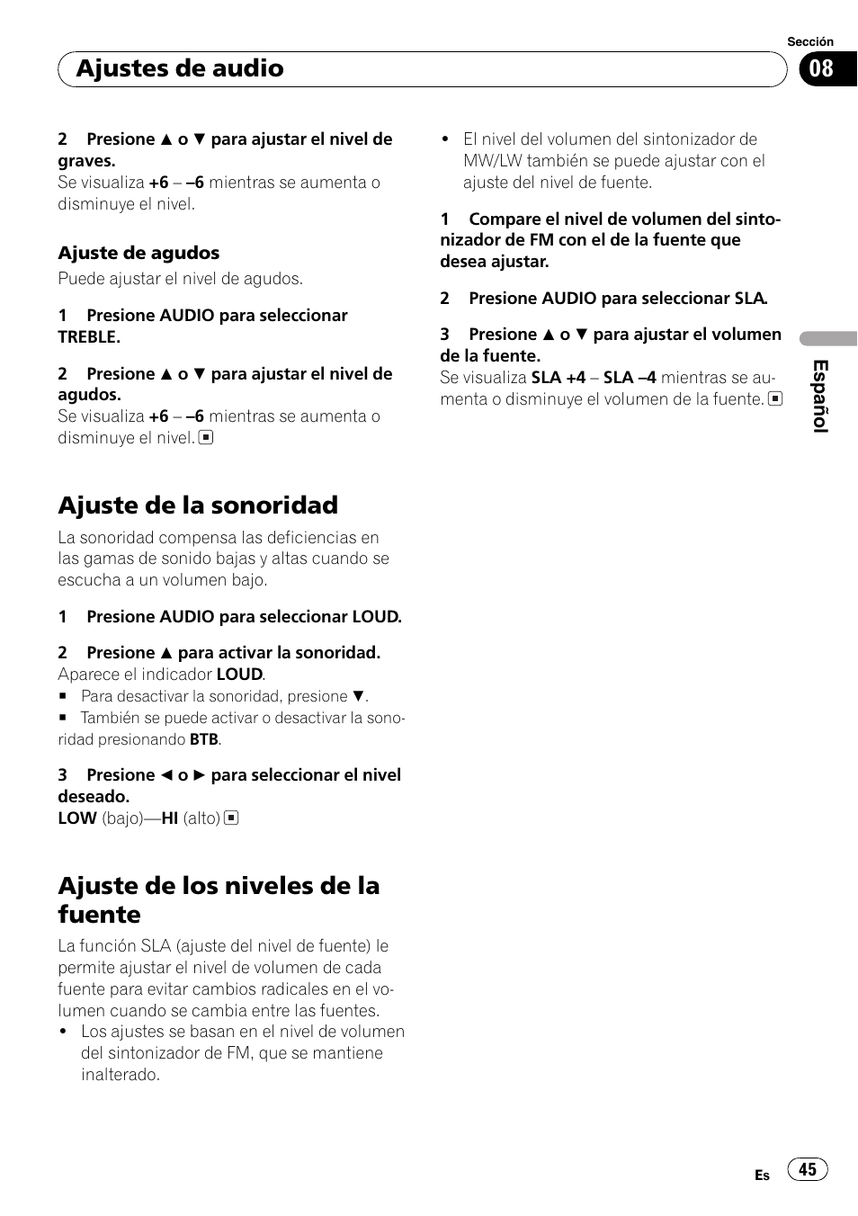 Ajuste de la sonoridad 45, Ajuste de los niveles de la fuente 45, Ajuste de la sonoridad | Ajuste de los niveles de la fuente, Ajustes de audio | Pioneer DEH-3730MP User Manual | Page 45 / 84