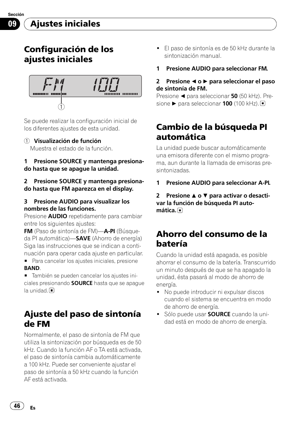 Ajustes iniciales, Configuración de los ajustes iniciales 46, Ajuste del paso de sintonía de fm 46 | Cambio de la búsqueda pi automática 46, Ahorro del consumo de la batería 46, Configuración de los ajustes iniciales, Ajuste del paso de sintonía de fm, Cambio de la búsqueda pi automática, Ahorro del consumo de la batería | Pioneer DEH-3730MP User Manual | Page 46 / 84