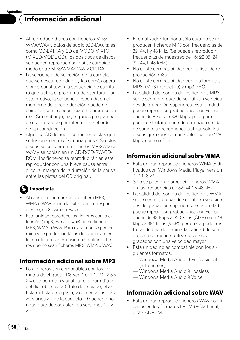 Información adicional sobre mp3 50, Información adicional sobre, Wma 50 | Información adicional sobre wav 50, Información adicional, Información adicional sobre mp3, Información adicional sobre wma, Información adicional sobre wav | Pioneer DEH-3730MP User Manual | Page 50 / 84