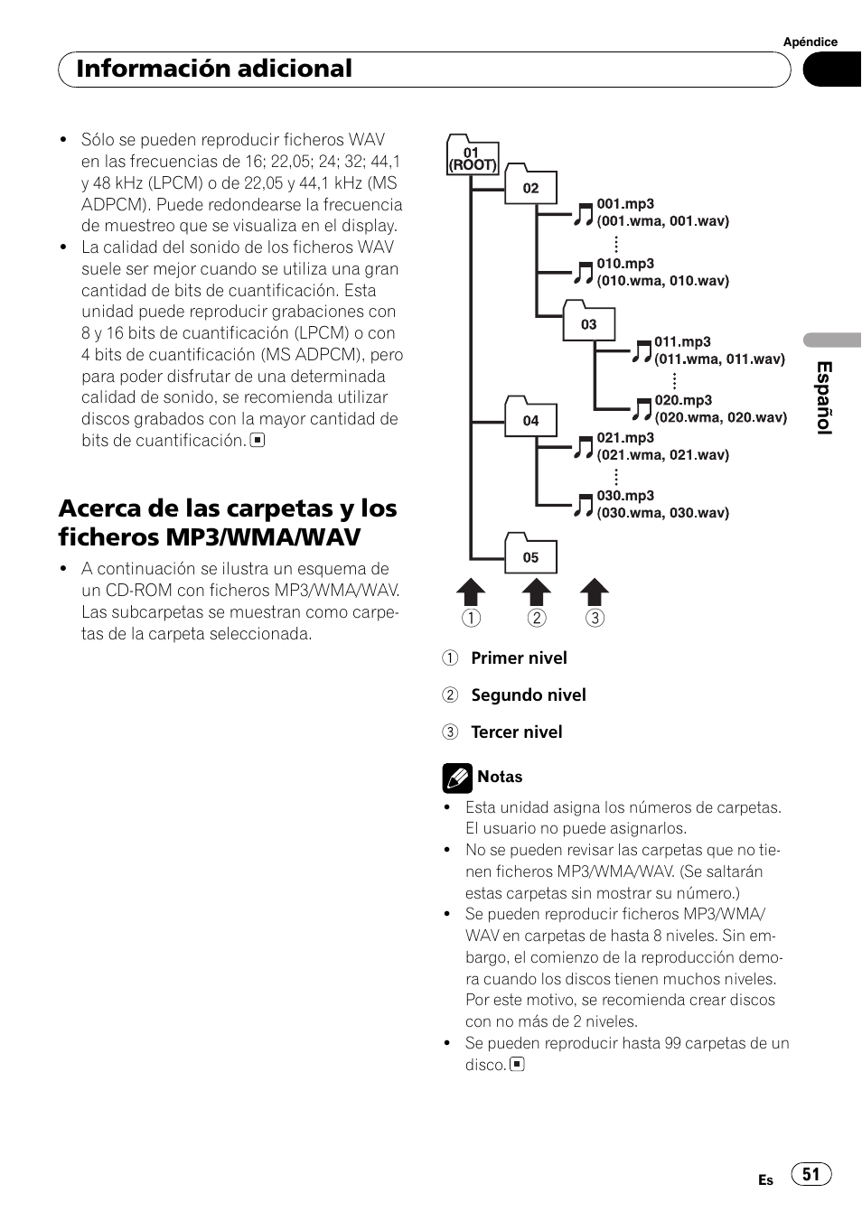 Acerca de las carpetas y los ficheros mp3, Wma/wav 51, Acerca de las carpetas y los ficheros mp3/wma/wav | Información adicional | Pioneer DEH-3730MP User Manual | Page 51 / 84
