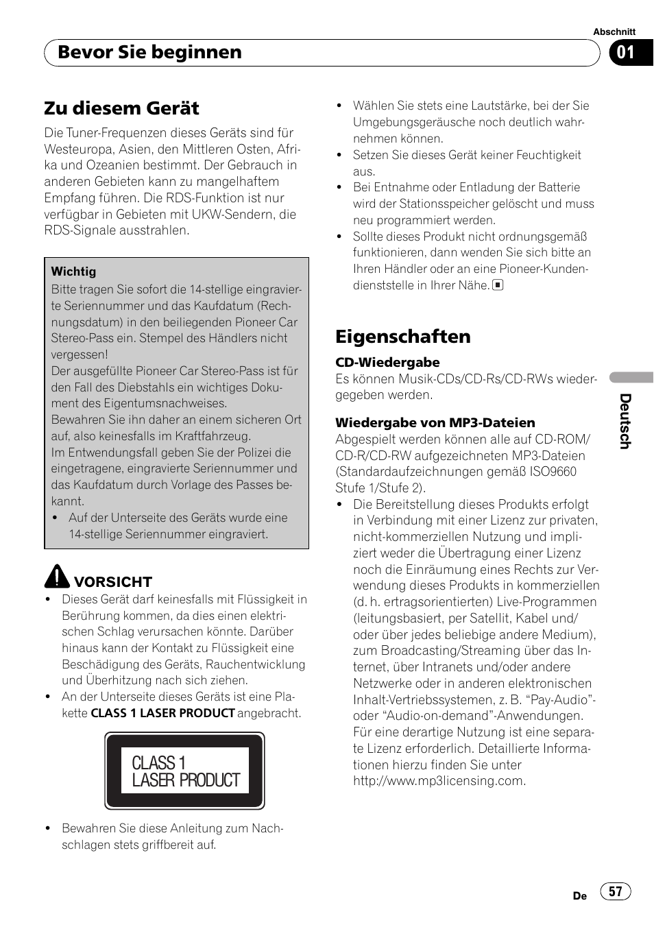 Bevor sie beginnen zu diesem gerät 57, Eigenschaften 57, Zu diesem gerät | Eigenschaften, Bevor sie beginnen, Class 1 laser product | Pioneer DEH-3730MP User Manual | Page 57 / 84