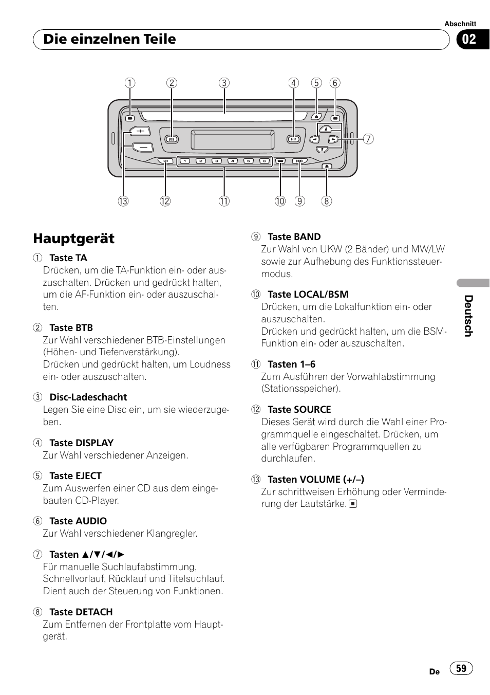 Die einzelnen teile, Hauptgerät 59, Hauptgerät | Pioneer DEH-3730MP User Manual | Page 59 / 84