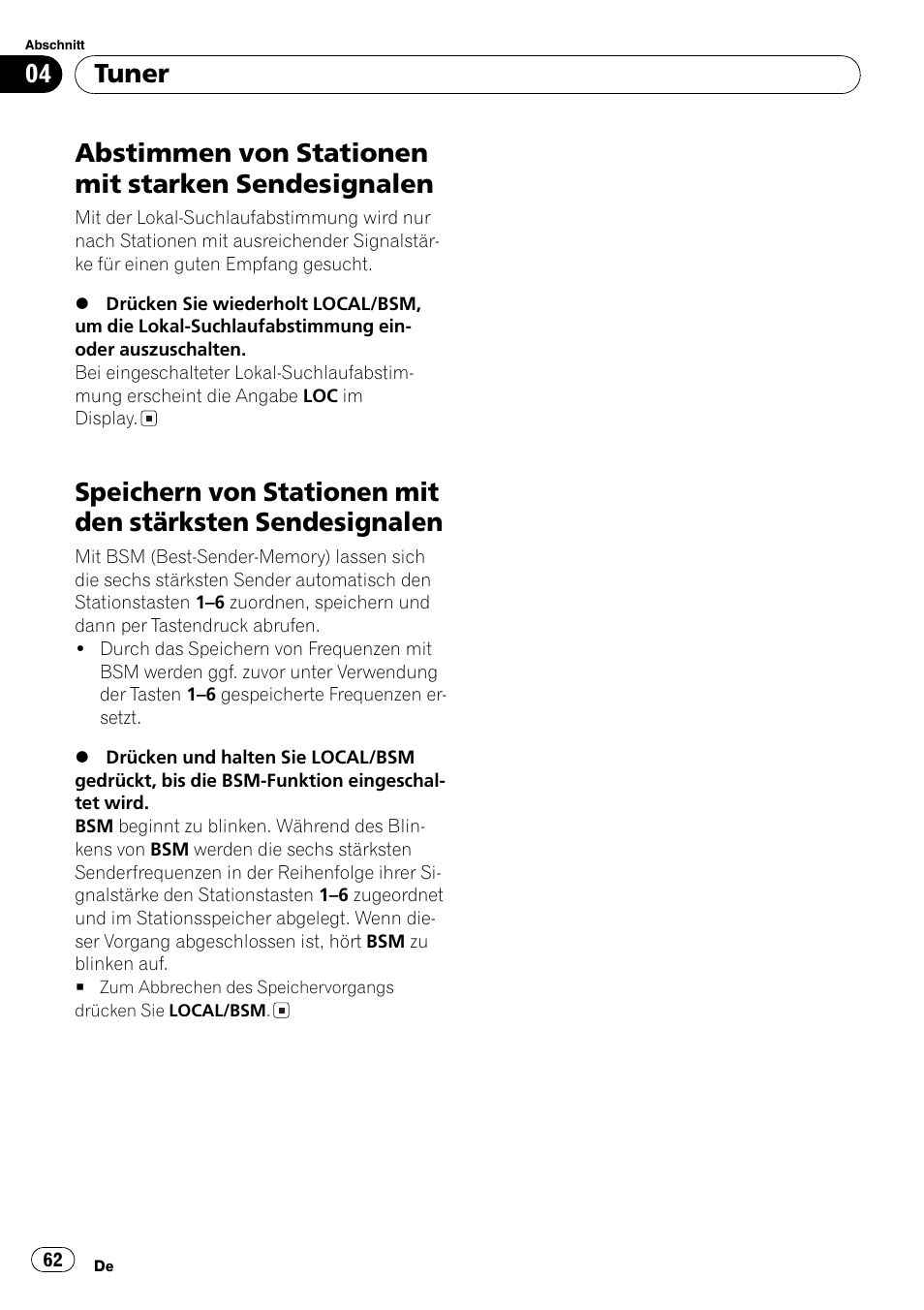 Abstimmen von stationen mit starken, Sendesignalen 62, Speichern von stationen mit den stärksten | Abstimmen von stationen mit starken sendesignalen, Tuner | Pioneer DEH-3730MP User Manual | Page 62 / 84