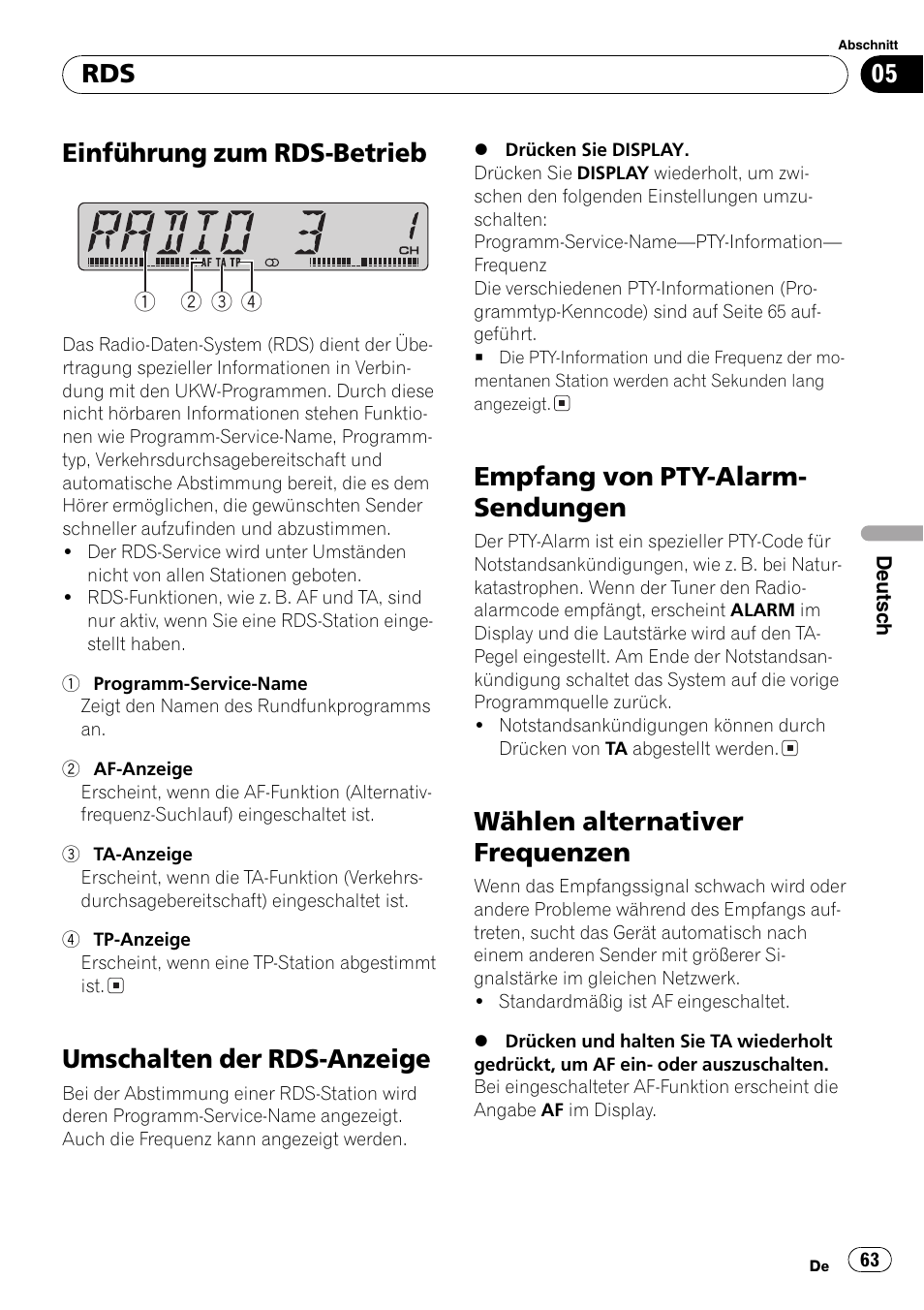 Einführung zum rds-betrieb 63, Umschalten der rds-anzeige 63, Empfang von pty-alarm-sendungen 63 | Wählen alternativer frequenzen 63, Einführung zum rds-betrieb, Umschalten der rds-anzeige, Empfang von pty-alarm- sendungen, Wählen alternativer frequenzen | Pioneer DEH-3730MP User Manual | Page 63 / 84