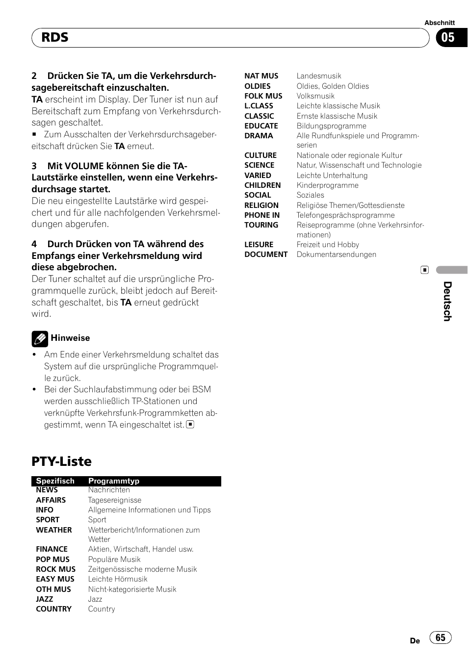 Pty-liste 65, Pty-liste, Deutsch | Pioneer DEH-3730MP User Manual | Page 65 / 84