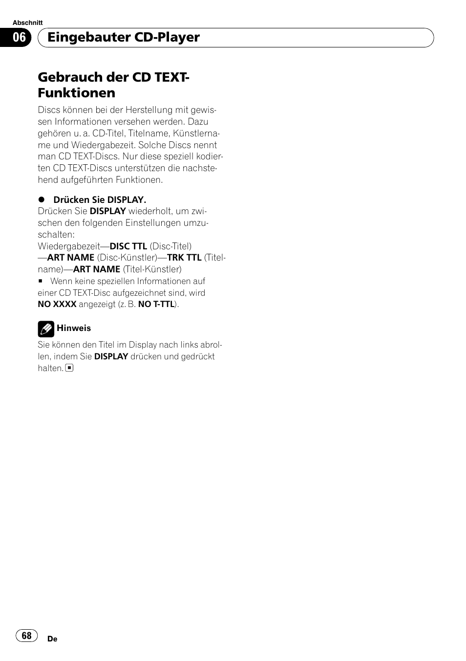 Gebrauch der cd text-funktionen 68, Gebrauch der cd text- funktionen, Eingebauter cd-player | Pioneer DEH-3730MP User Manual | Page 68 / 84